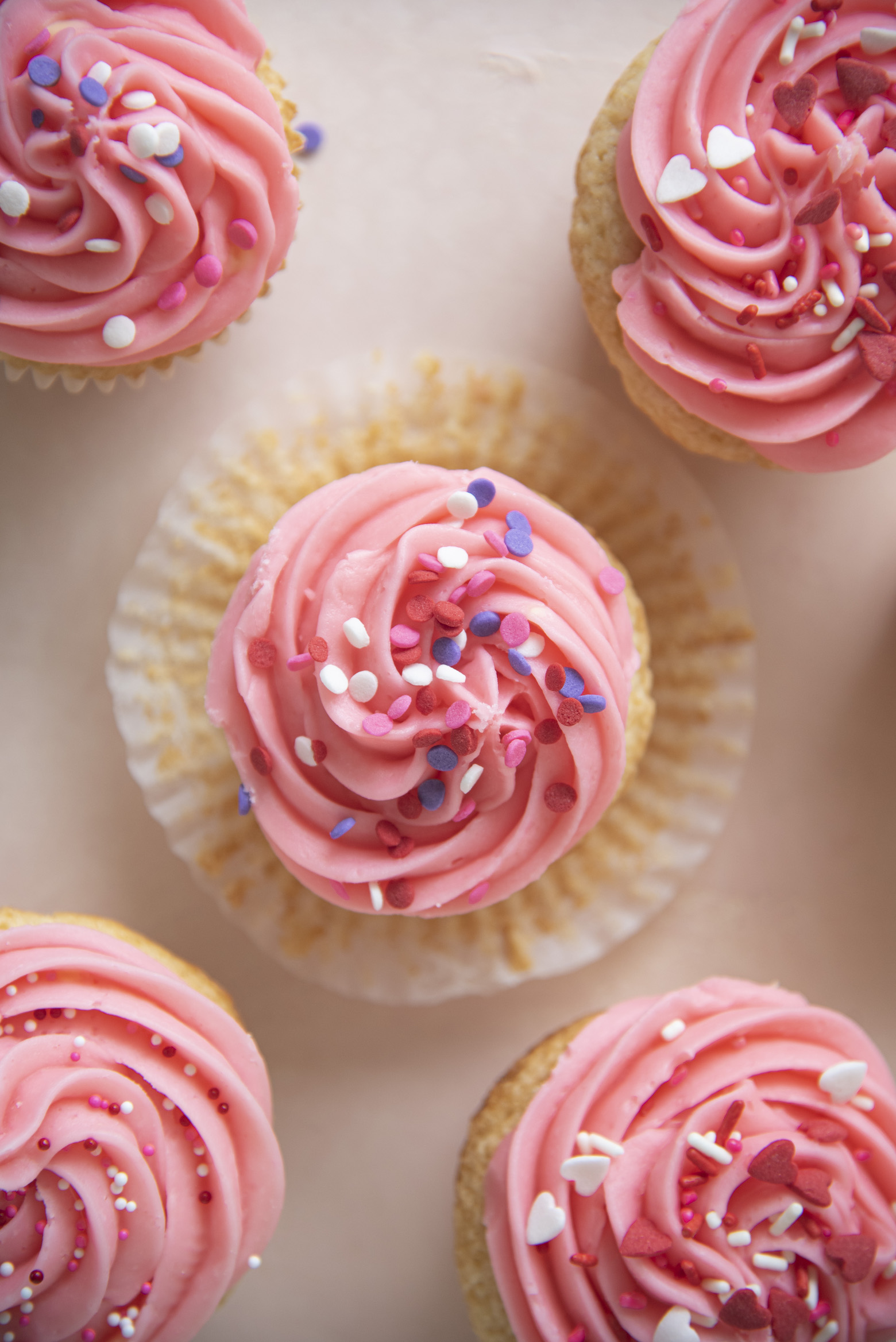Overhead shot of Pink Vanilla-Vanilla Cupcakes 