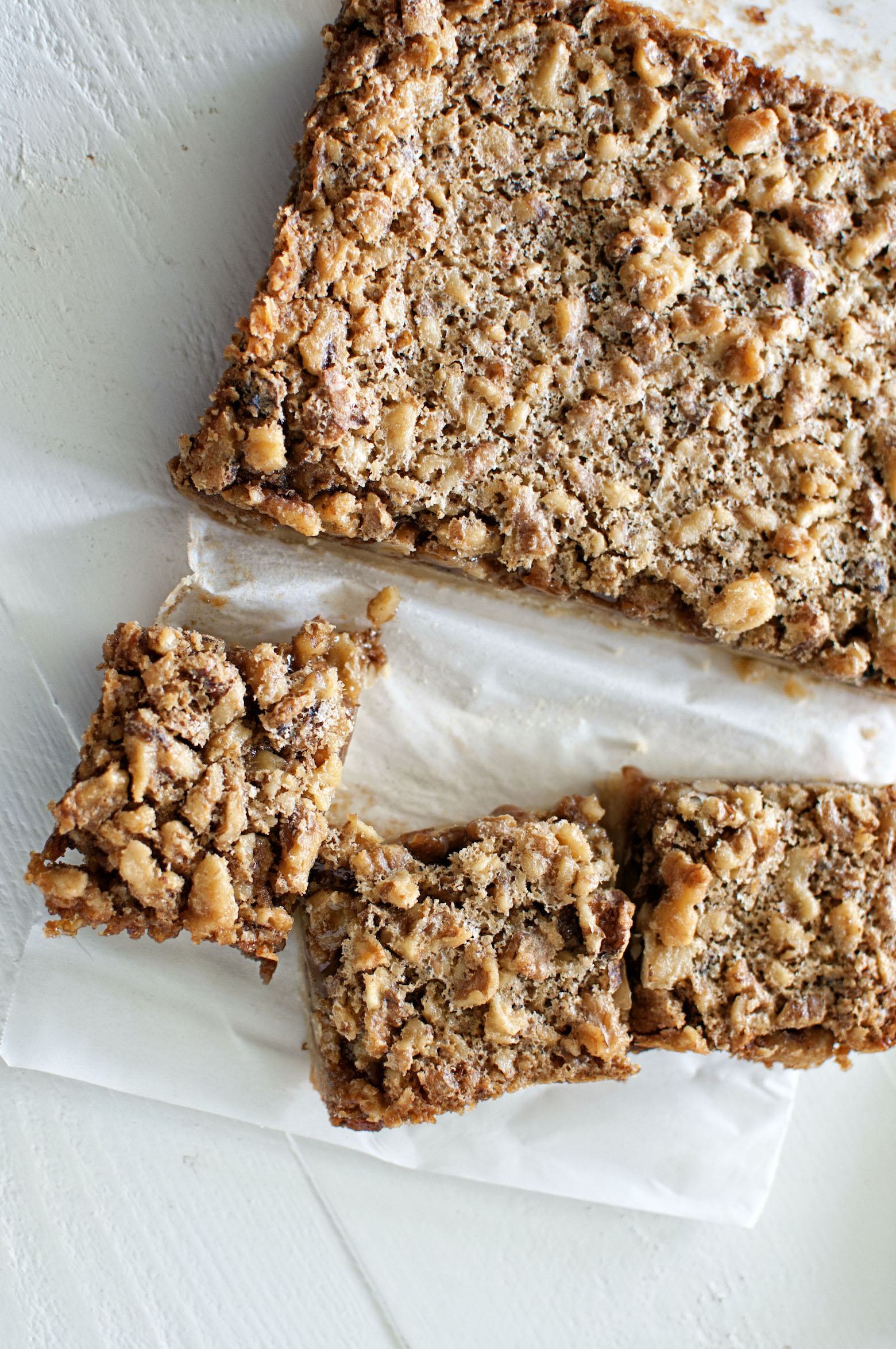 Overhead shot Maple Walnut Bourbon Bars with three bars cut out 