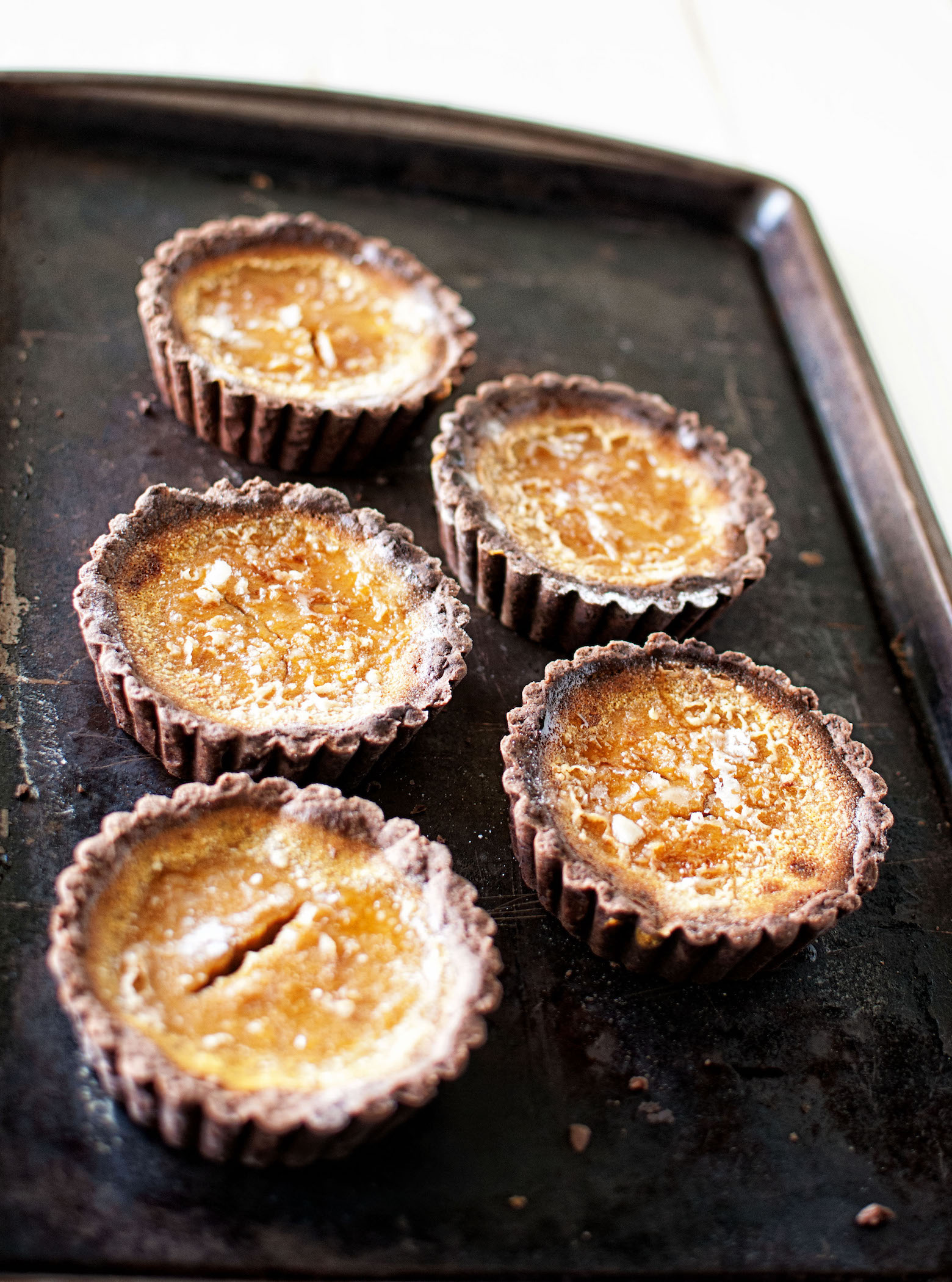 Pumpkin Creme Brûlée Tartlets with Chocolate Ginger Crust