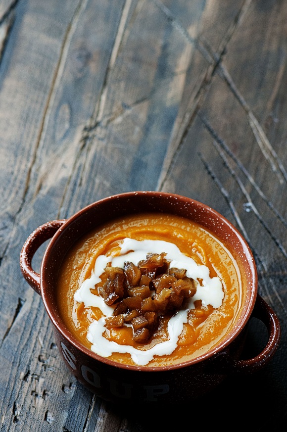 Butternut Squash Soup with Caramelized Apples and Maple Cider Cream