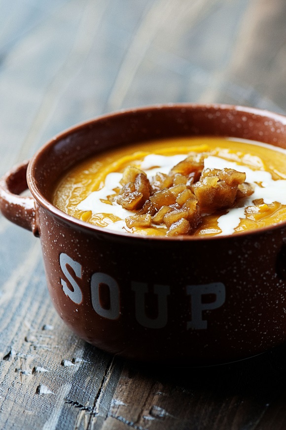 Butternut Squash Soup with Caramelized Apples and Maple Cider Cream 