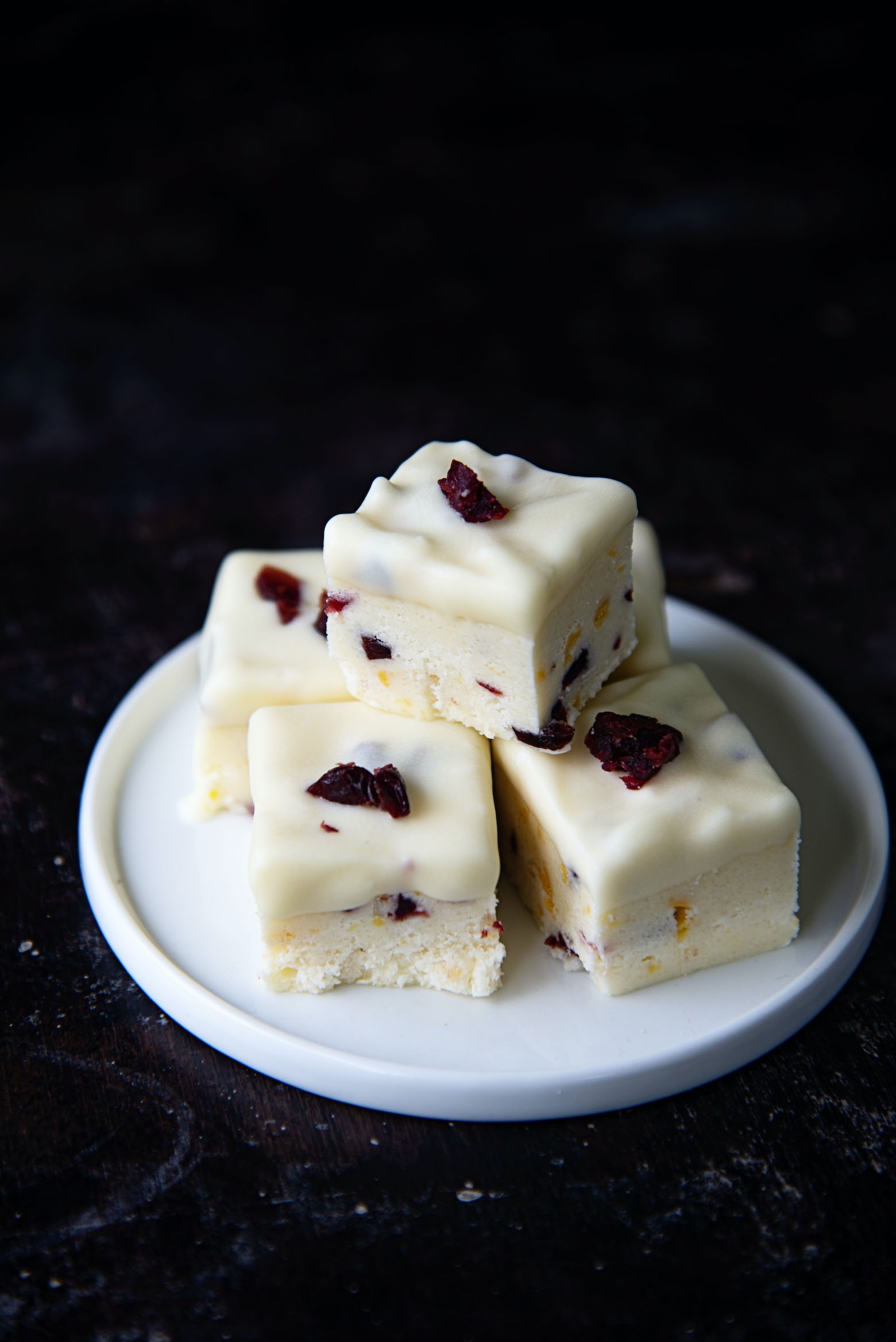 White Chocolate Dipped Orange Cranberry Fudge