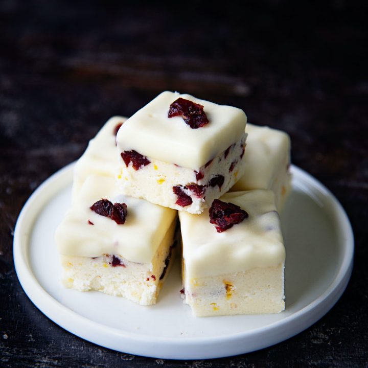 White Chocolate Dipped Orange Cranberry Fudge