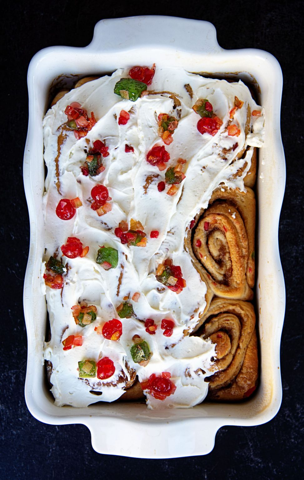 Bourbon Frosted Fruitcake Cinnamon Rolls