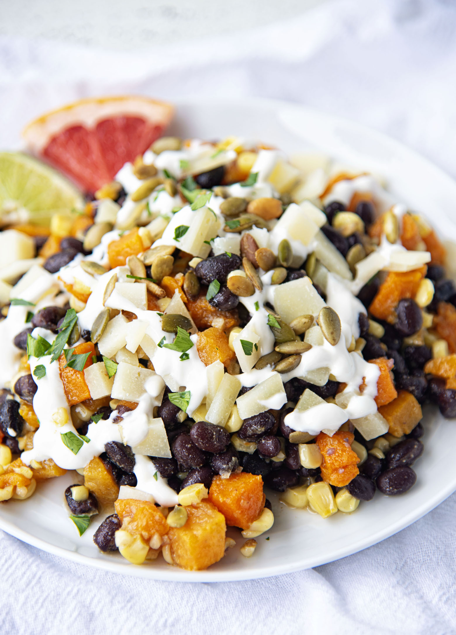 Black Bean Squash Corn Salad with Grapefruit Crema 