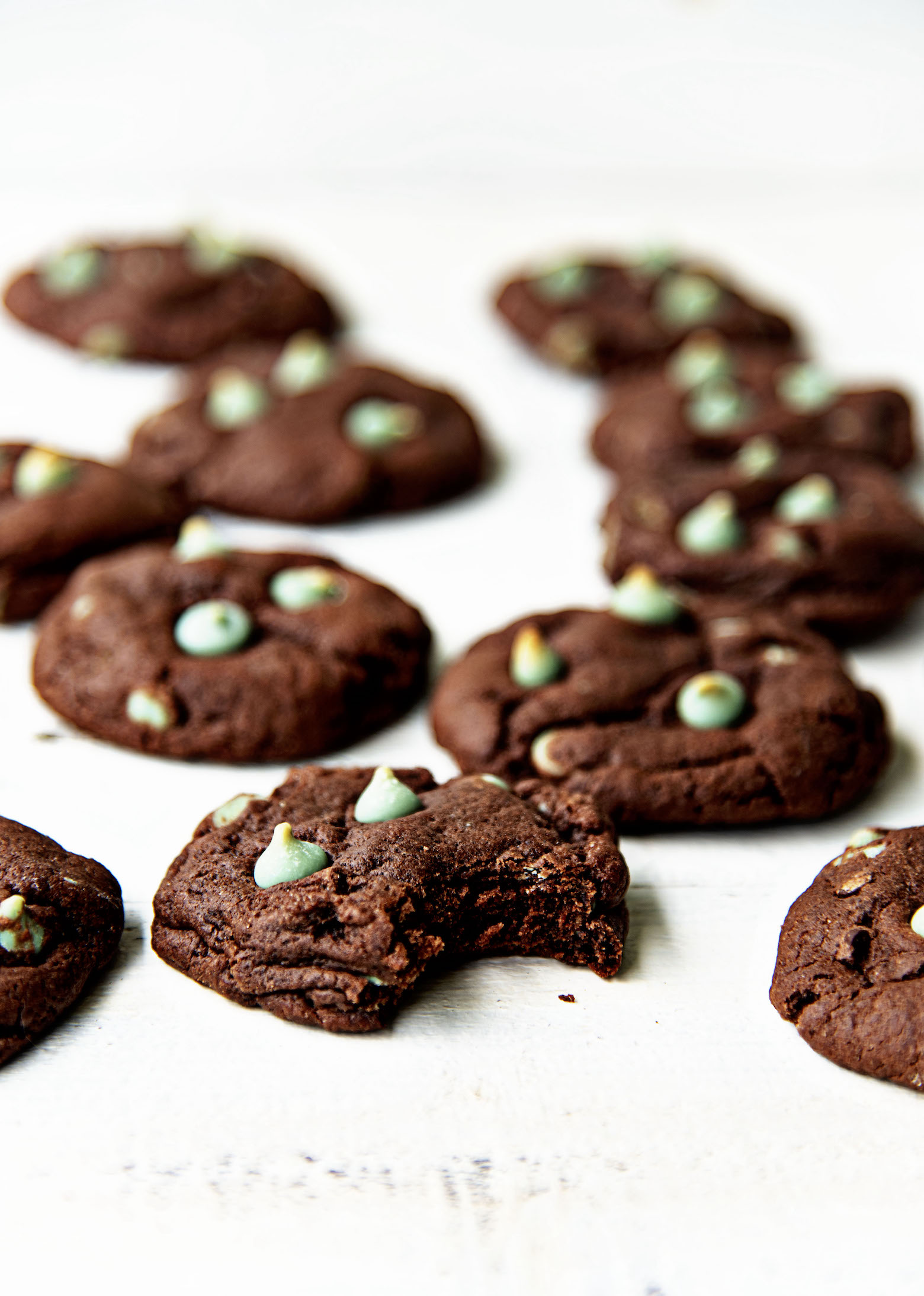 Chocolate Mint Frappuccino Cookies with bite out of one.