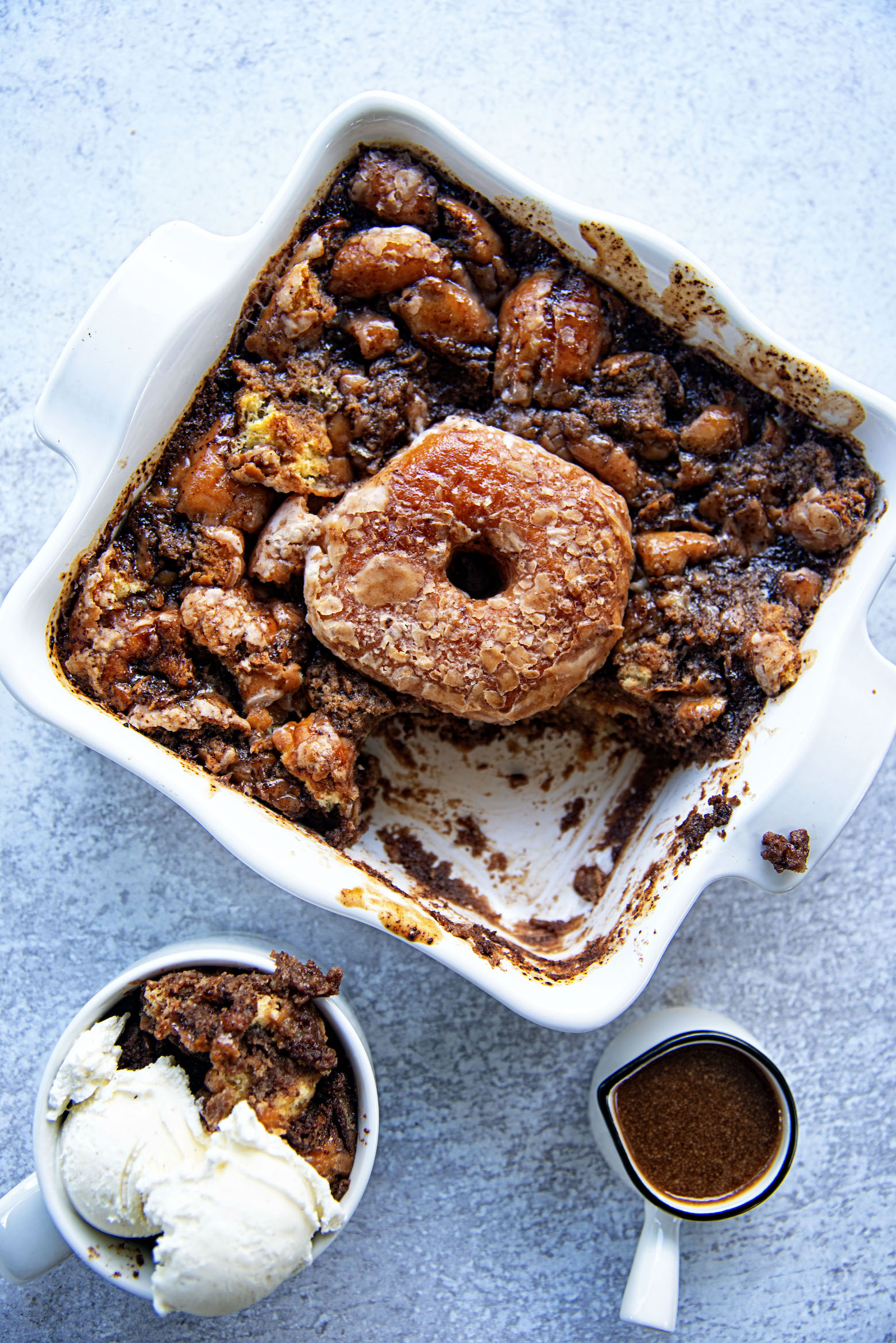 Coffee and Donuts Bread Pudding with Mocha Toffee Sauce