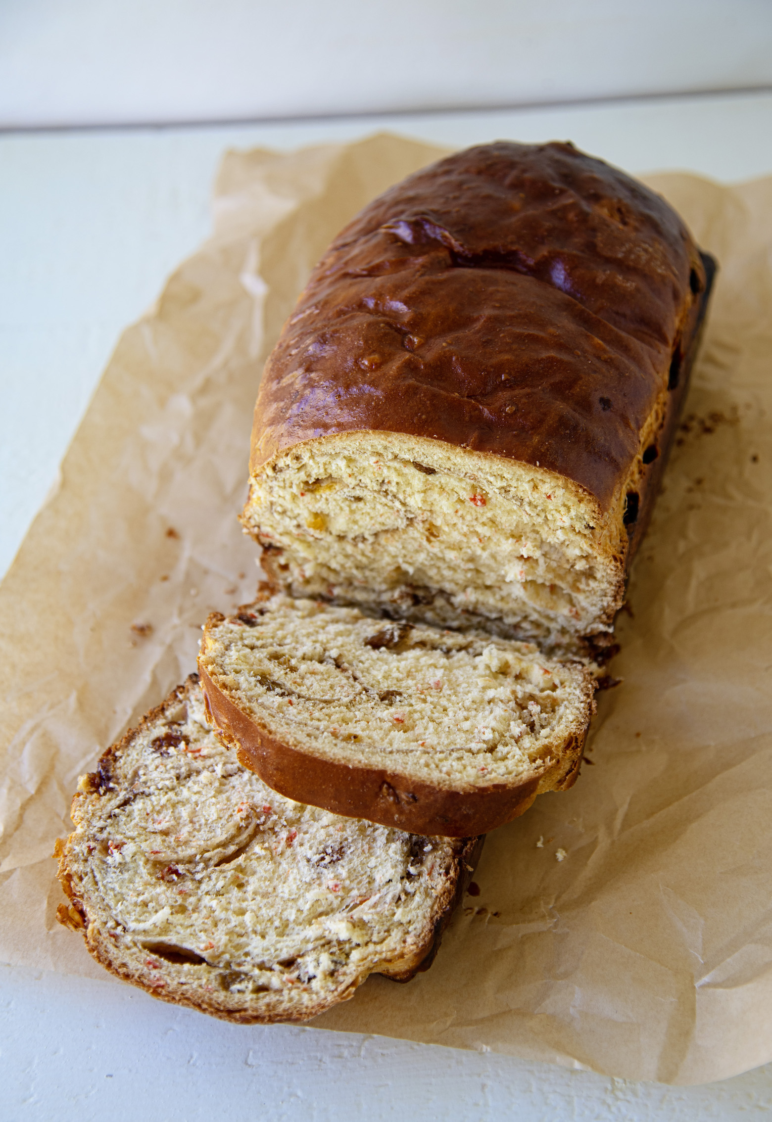 Overhead shot of sliced Roasted Carrot Cinnamon Raisin Yeast Bread