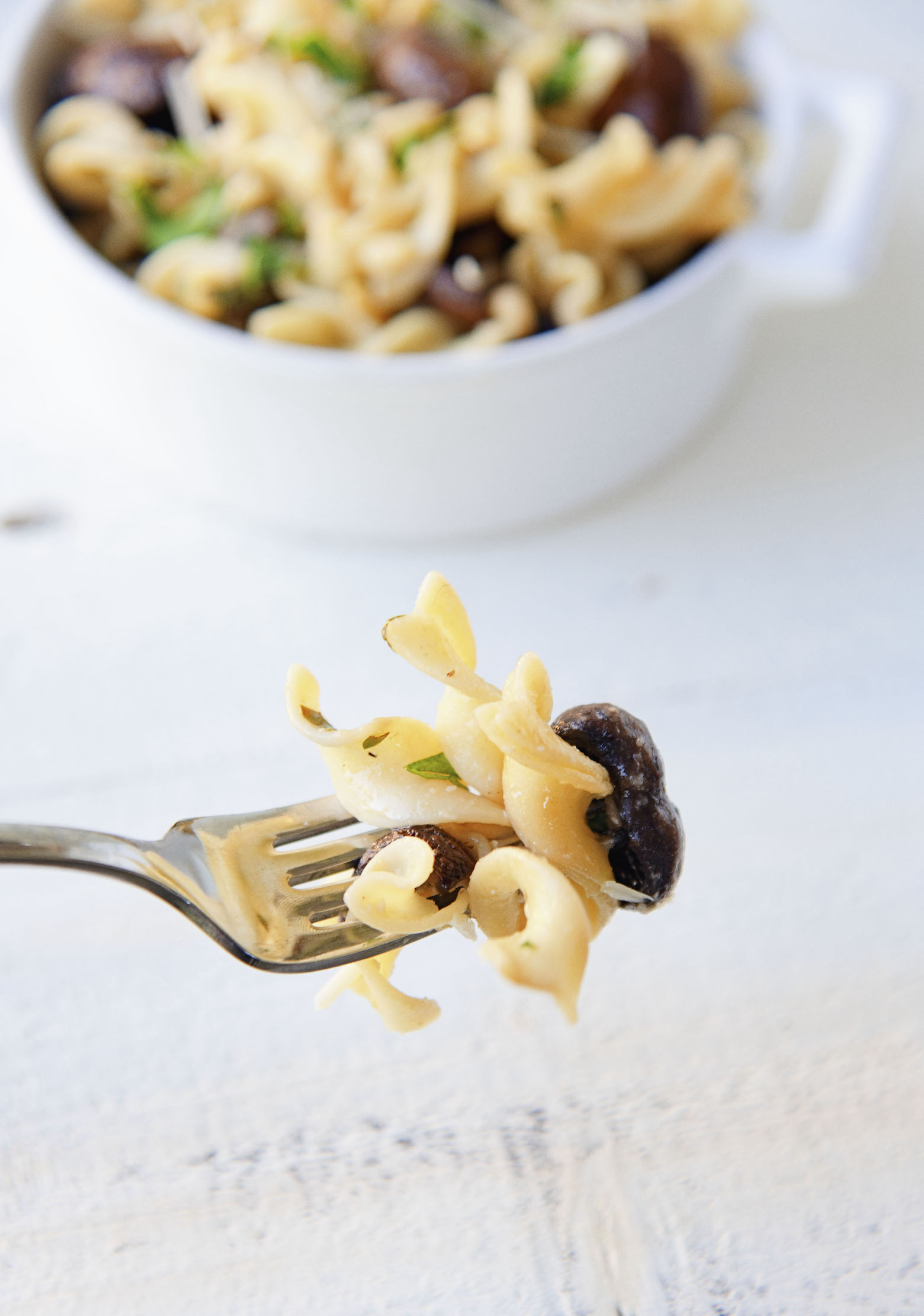 Roasted Mushroom Lemon Butter Pasta on fork up close