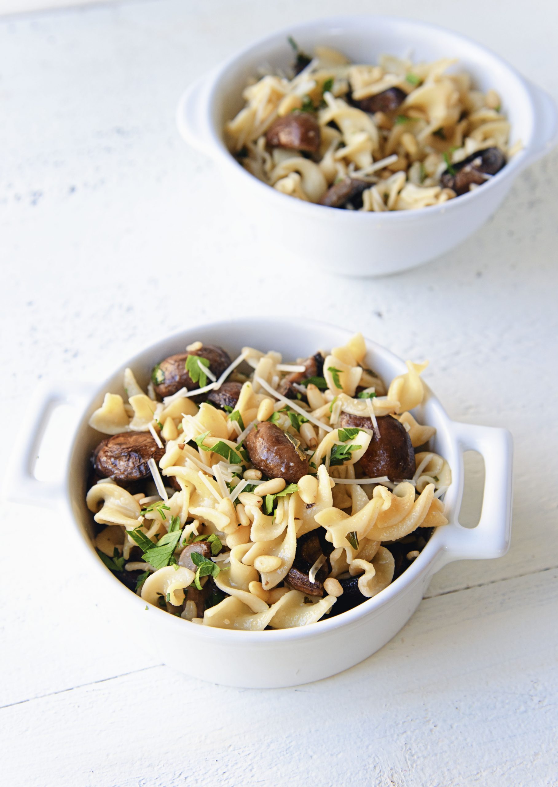 Two bowls of Roasted Mushroom Lemon Butter Pasta