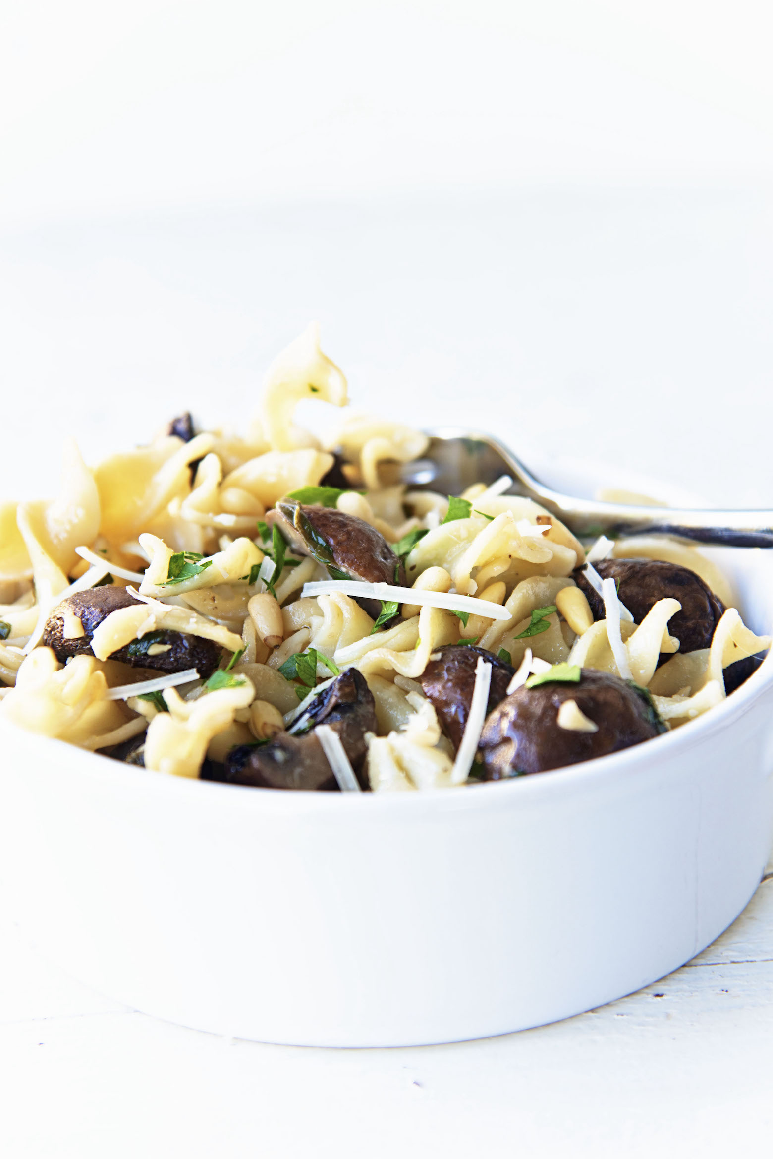 Side view of Roasted Mushroom Lemon Butter Pasta