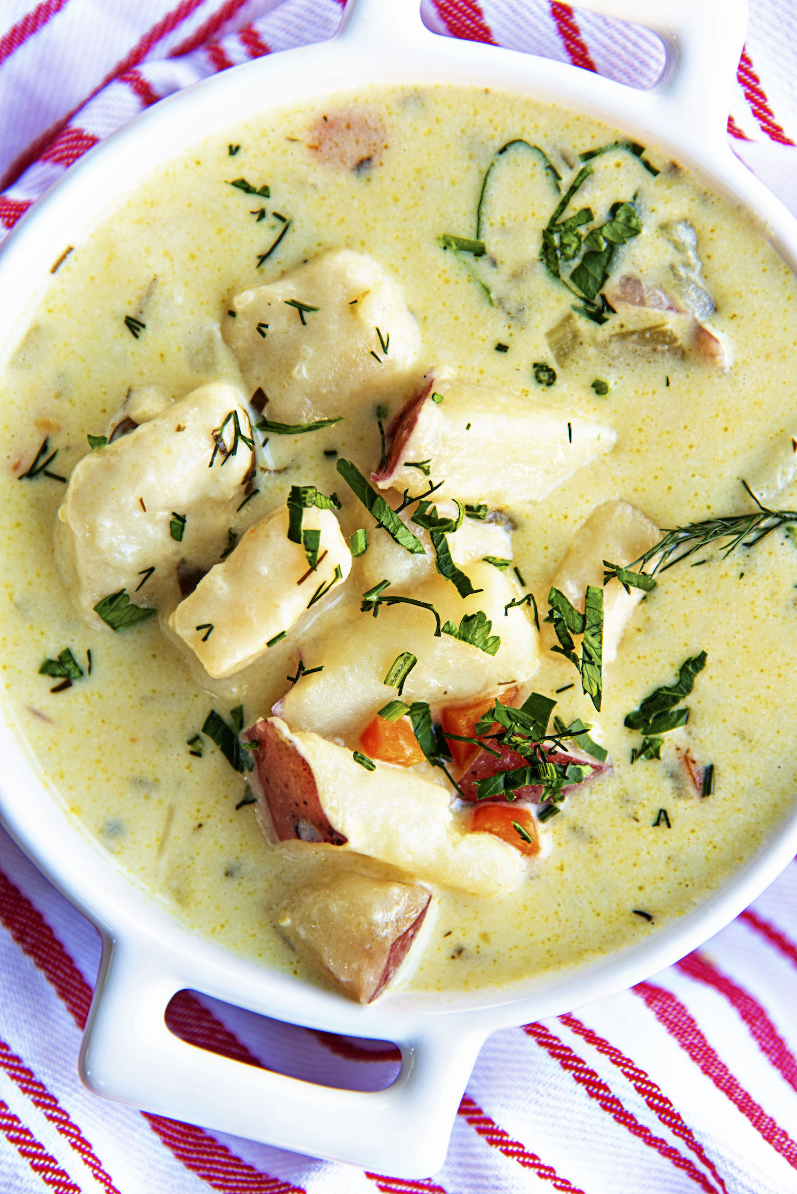 Close up shot of Vegetarian Parmesan Knoephla Soup