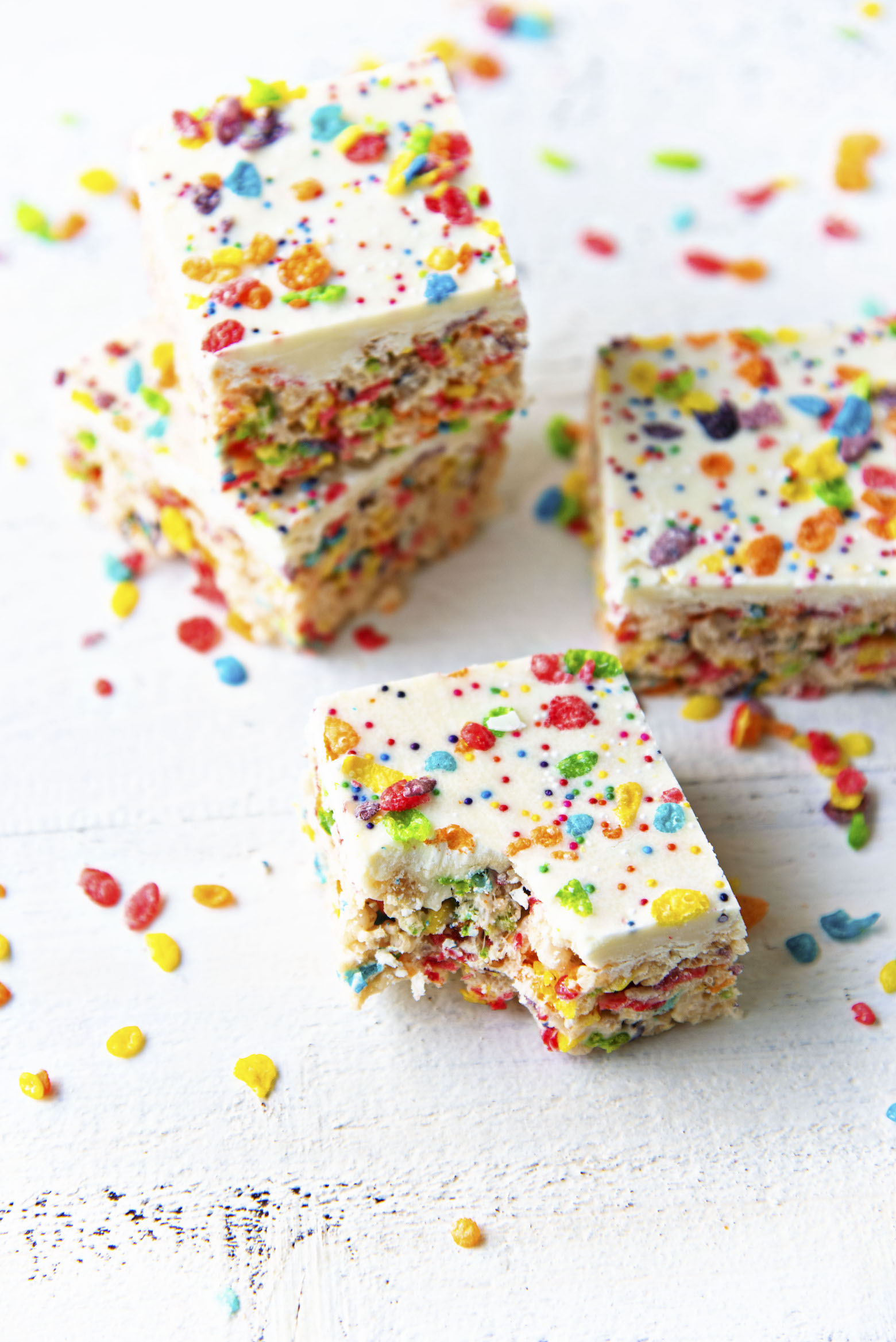 White Chocolate Fruity Pebbles Marshmallow Treats 3/4 shot