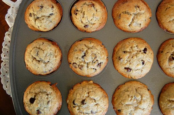 Overhead shot of Banana Espresso Chocolate Chip Muffins in pan