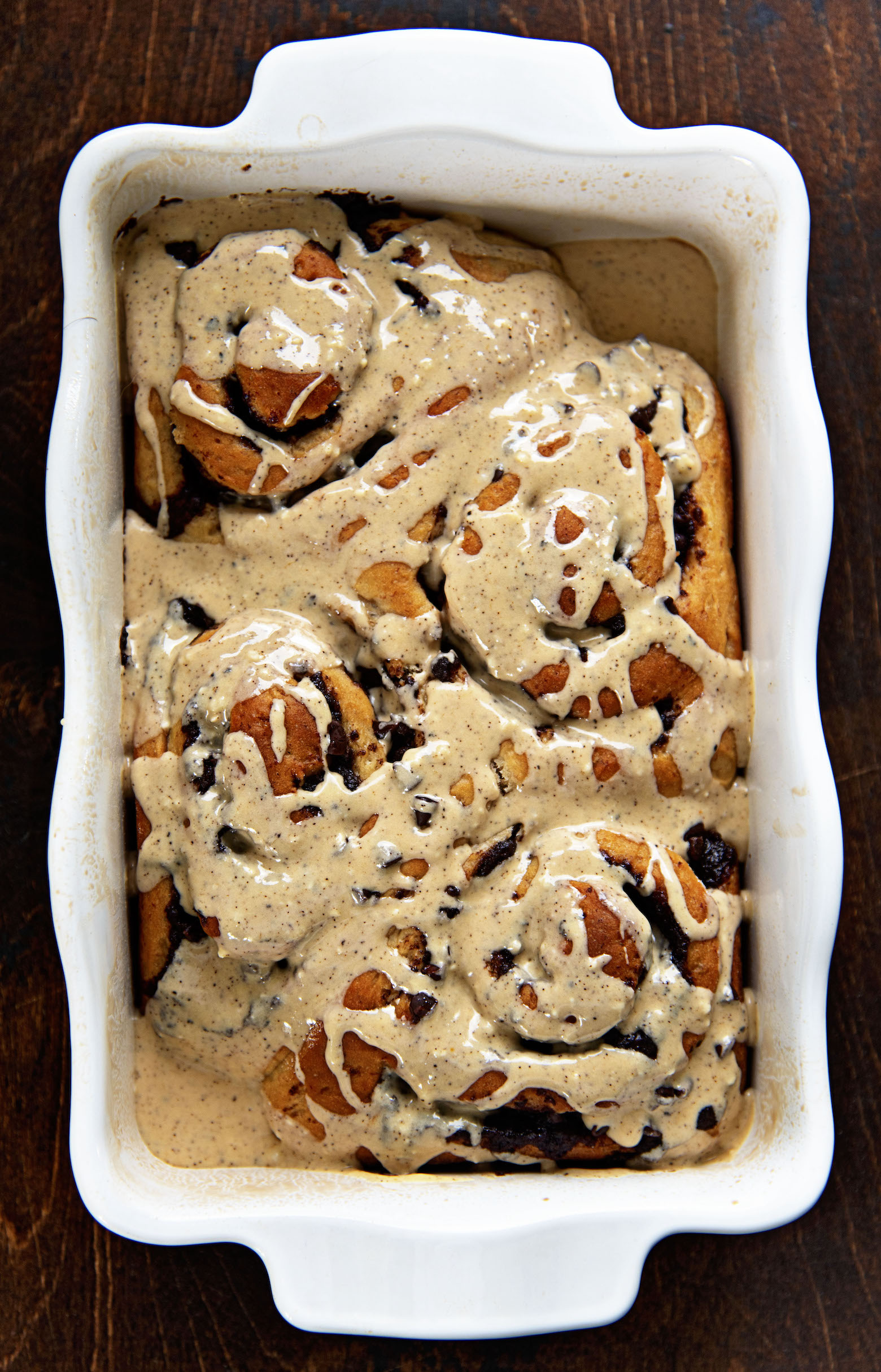 Overhead shot of pan of Banana Espresso Chocolate Sweet Rolls