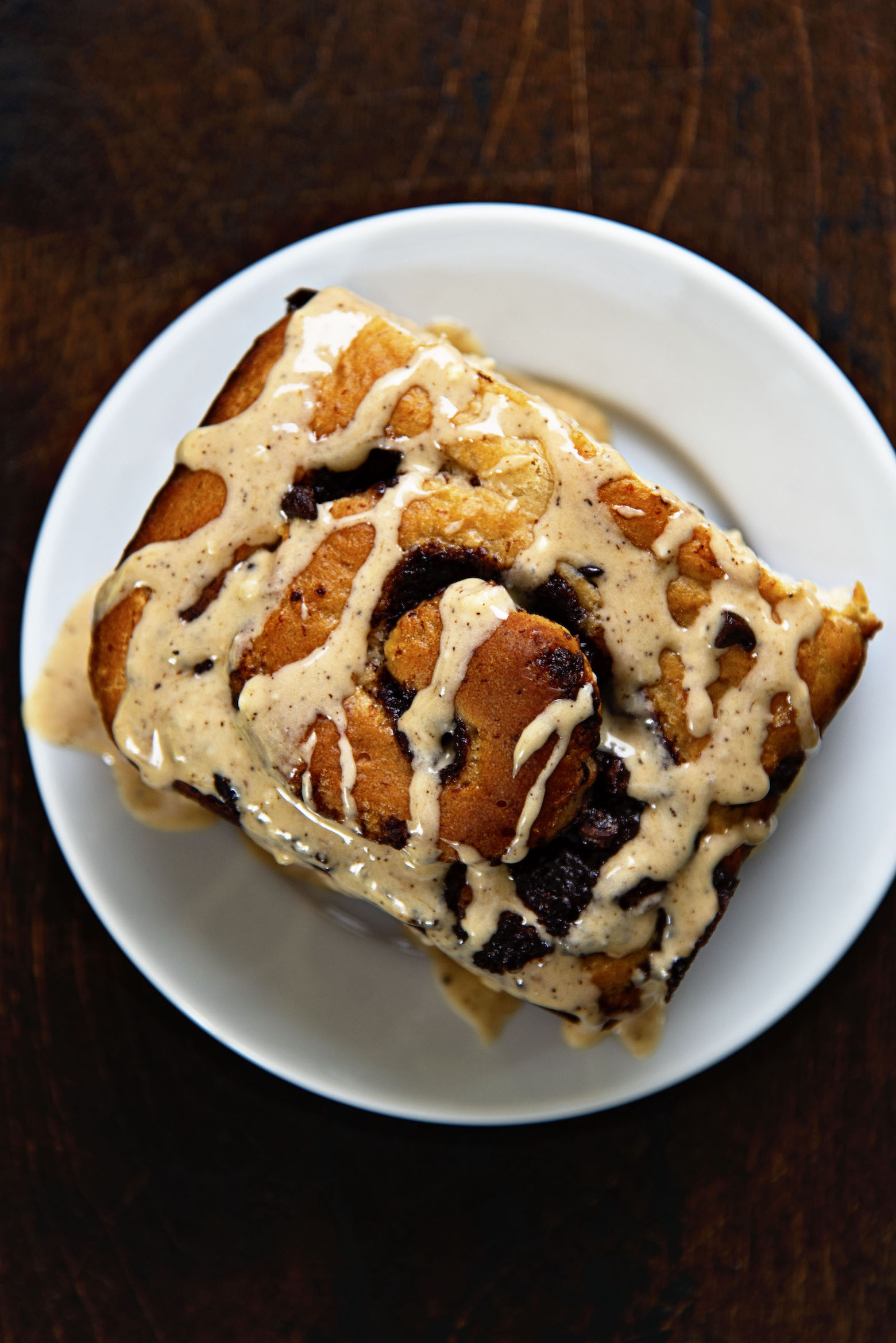 Overhead view of Banana Espresso Chocolate Sweet Rolls on a plate