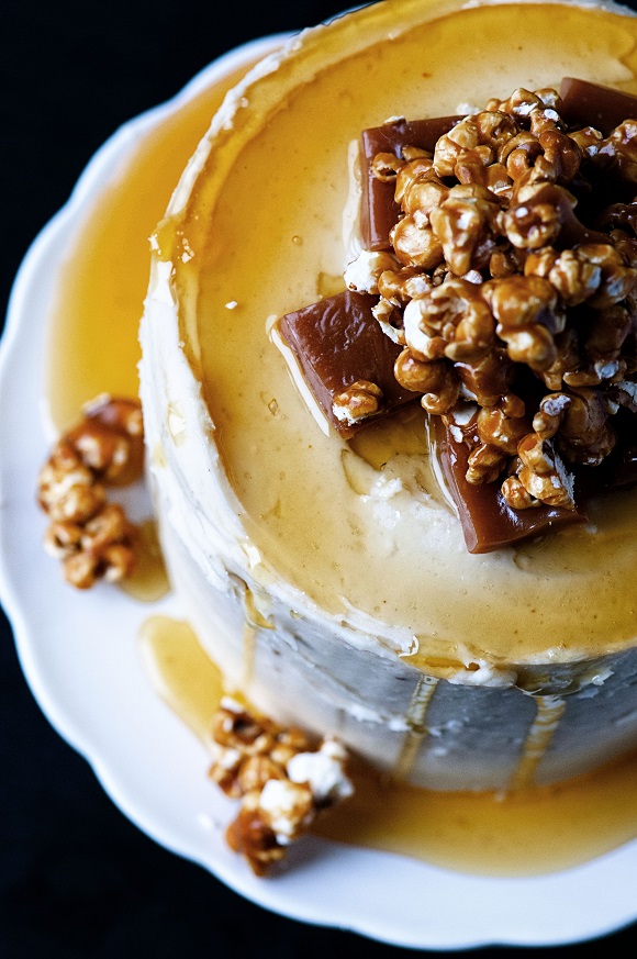 Caramel Corn Caramel Layer Cake overhead view.