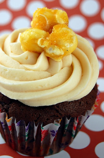 Caramel Corn Infused Devil’s Food Cupcakes with Caramel-Caramel Corn Buttercream Frosting