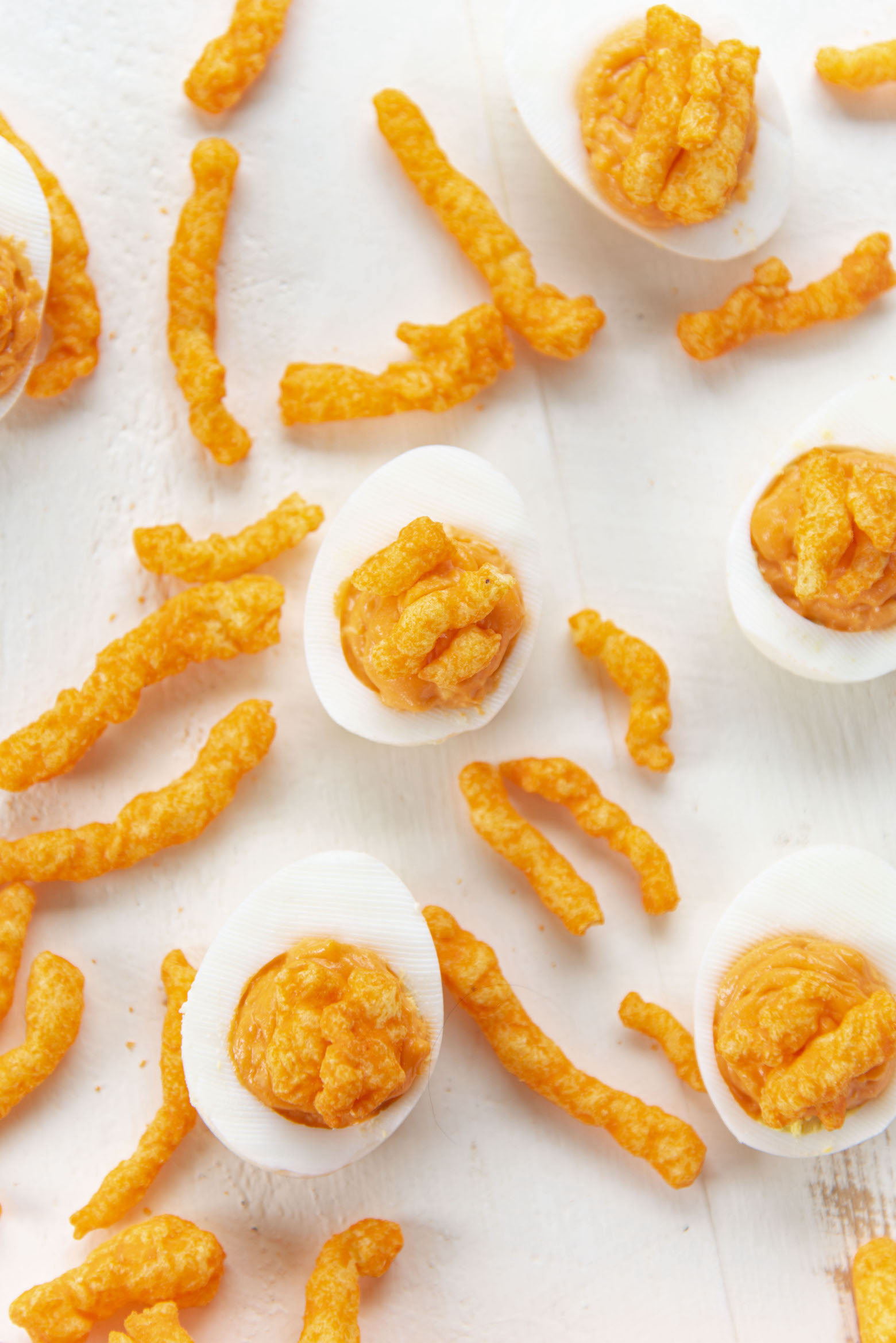 Overhead view of Cheetos Deviled Eggs 