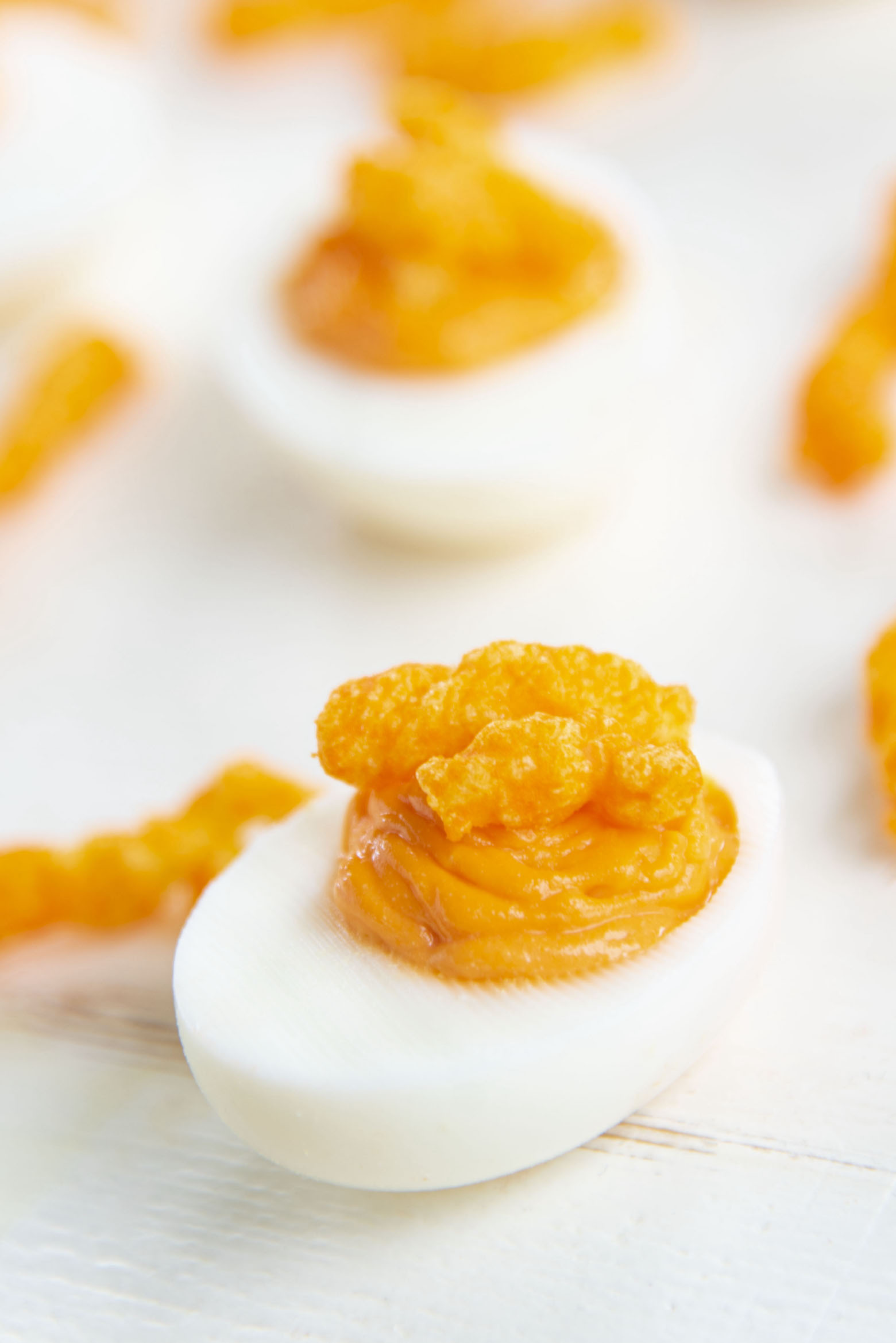 Close up of Cheetos Deviled Eggs side view