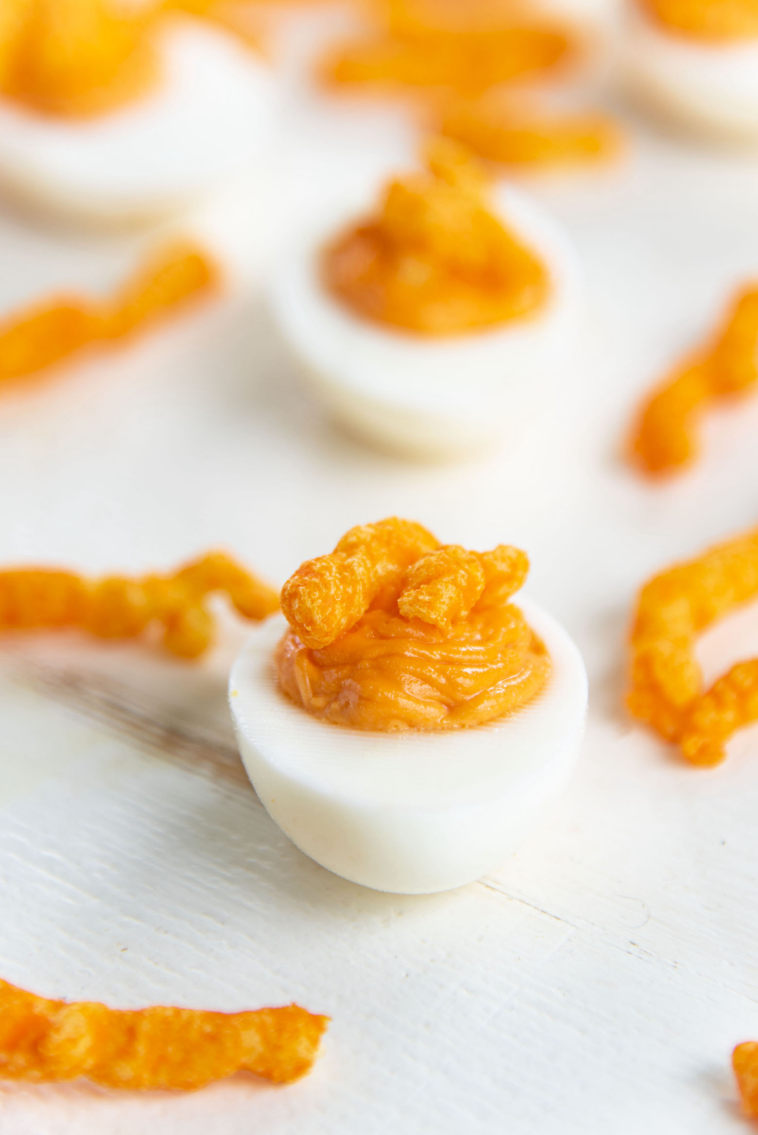 Up close shot of Cheetos Deviled Eggs 