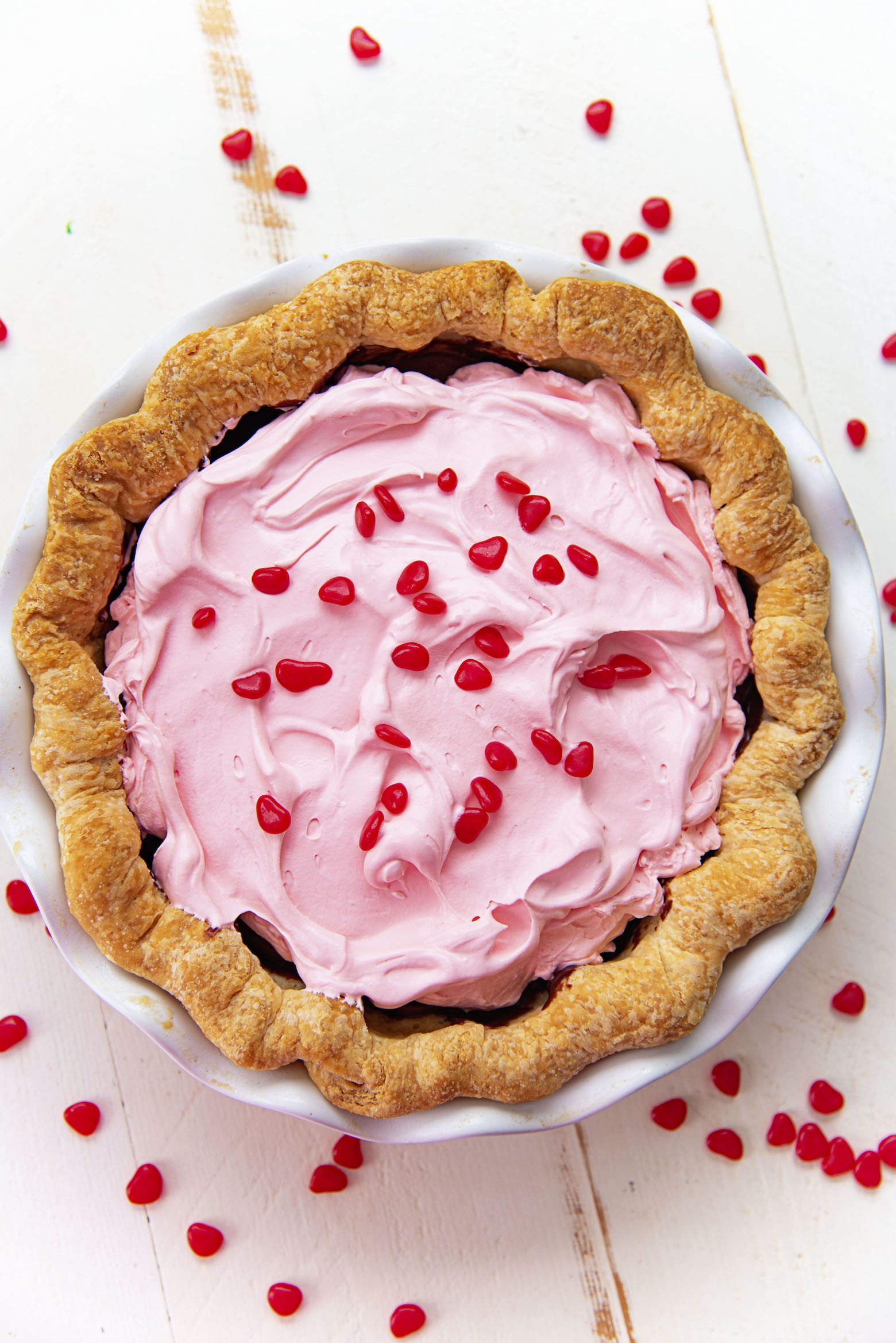 Overhead shot of Cinnamon Red Hots Chocolate Cream Pie