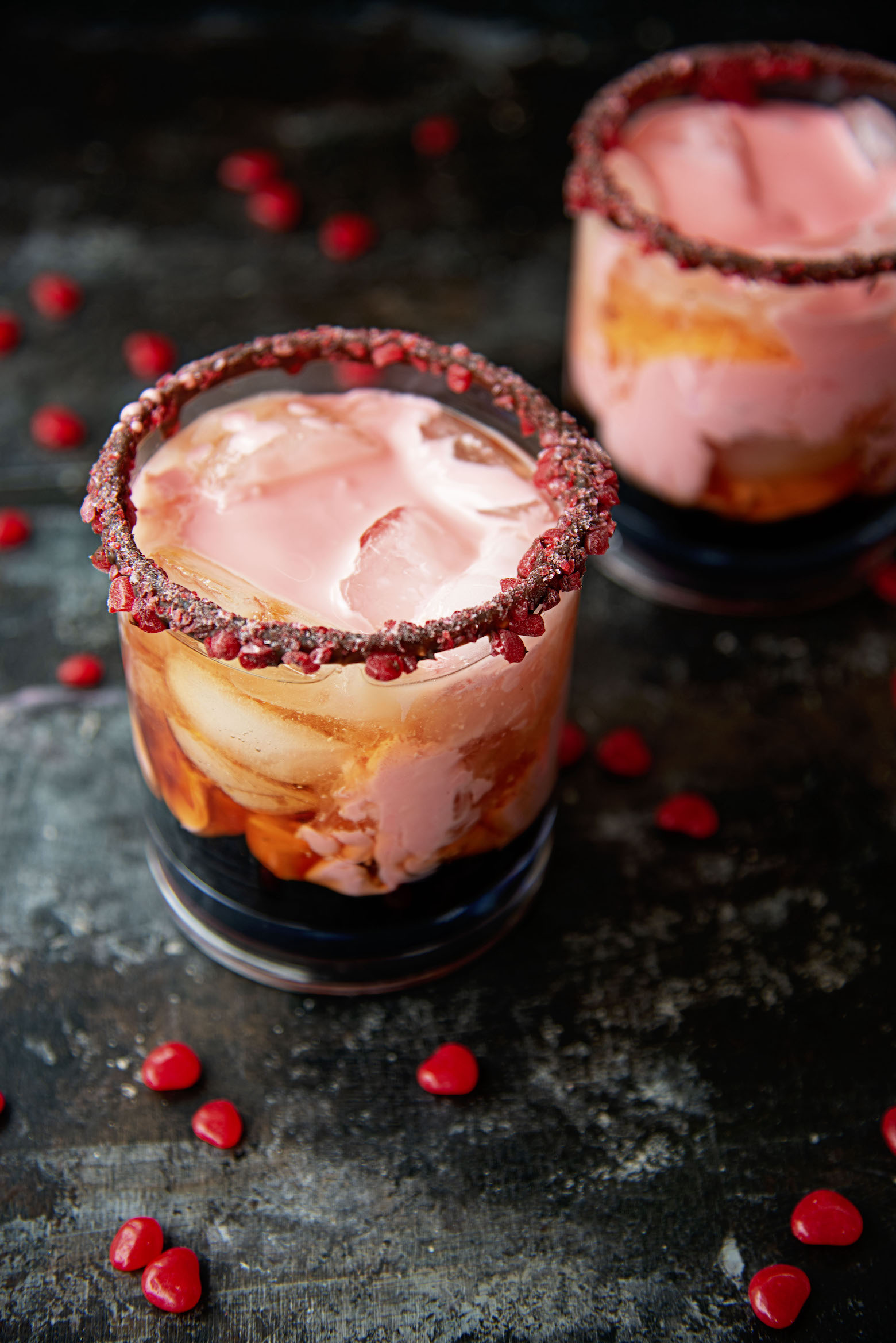 Two Cinnamon Red Hots White Russian from three quarter look.