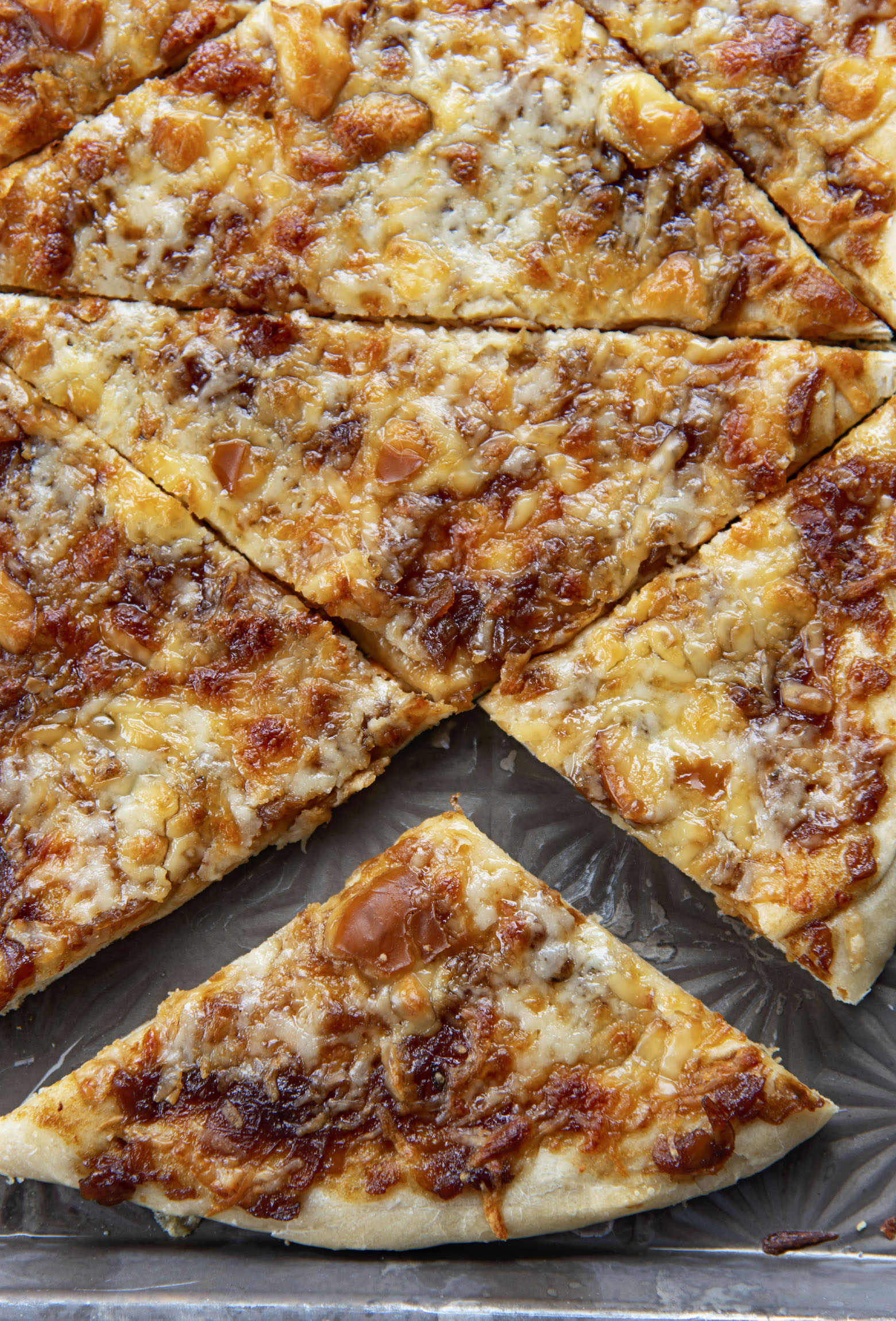 Cut French Onion Soup Flatbread overhead view. 