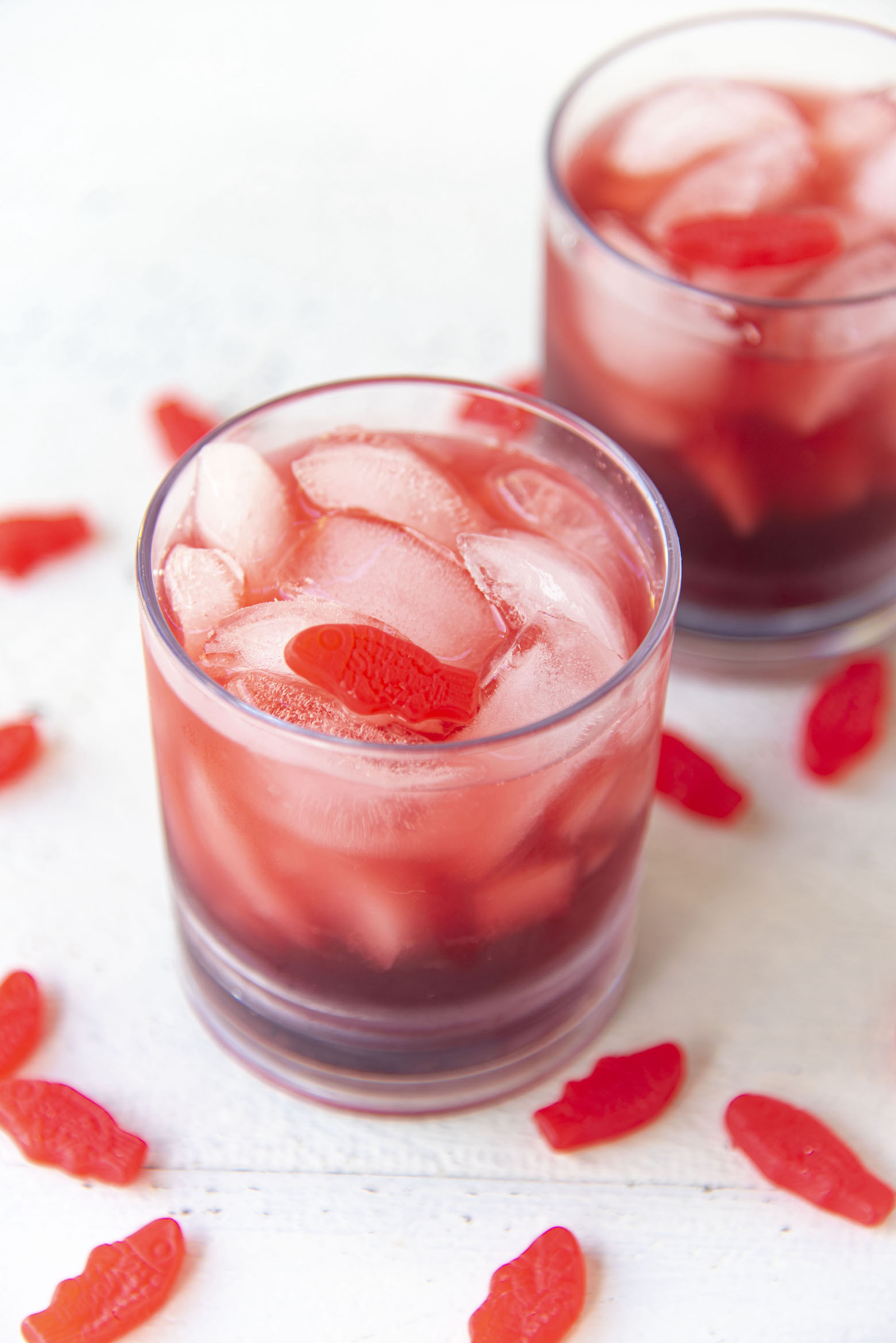 Three quarter view of Red Swedish Fish Cocktail