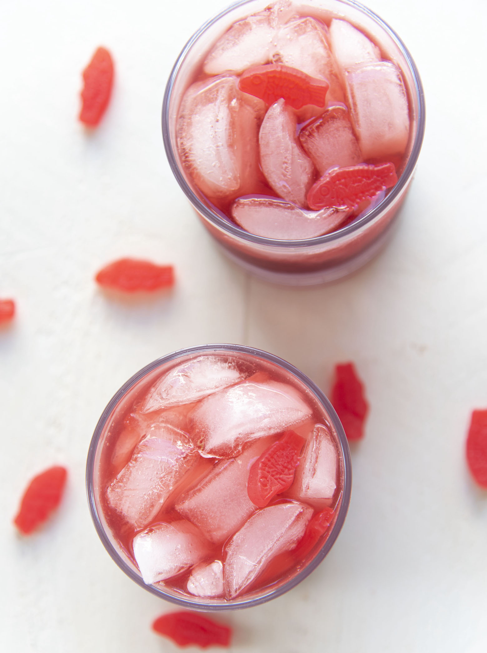 Overhead shot of two Red Swedish Fish Cocktails