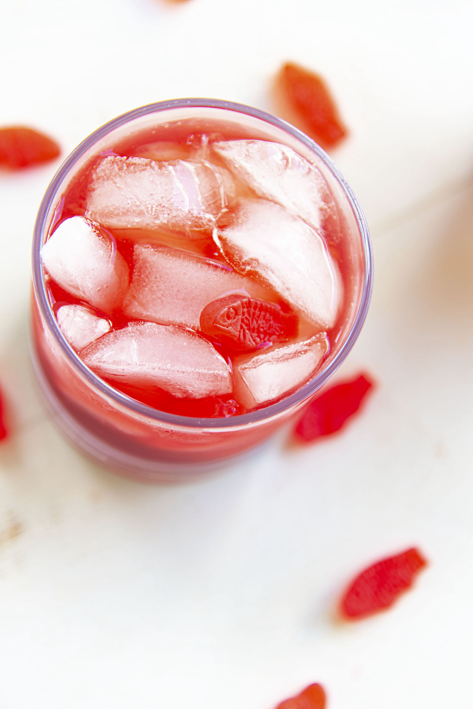 Overhead shot of single Red Swedish Fish Cocktail glass