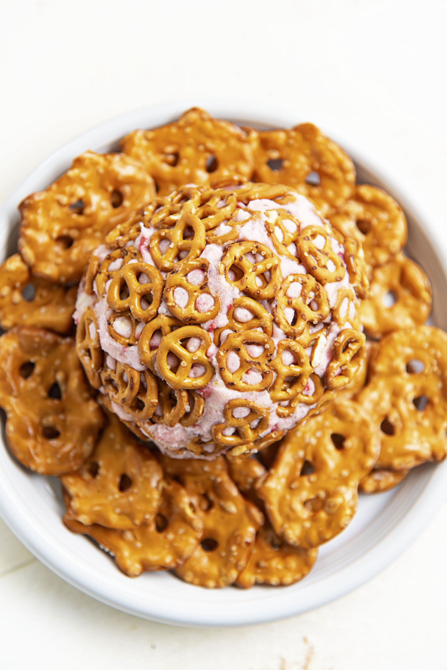 Overhead shot of full Strawberry Pretzel Cheesecake Cheese Ball 