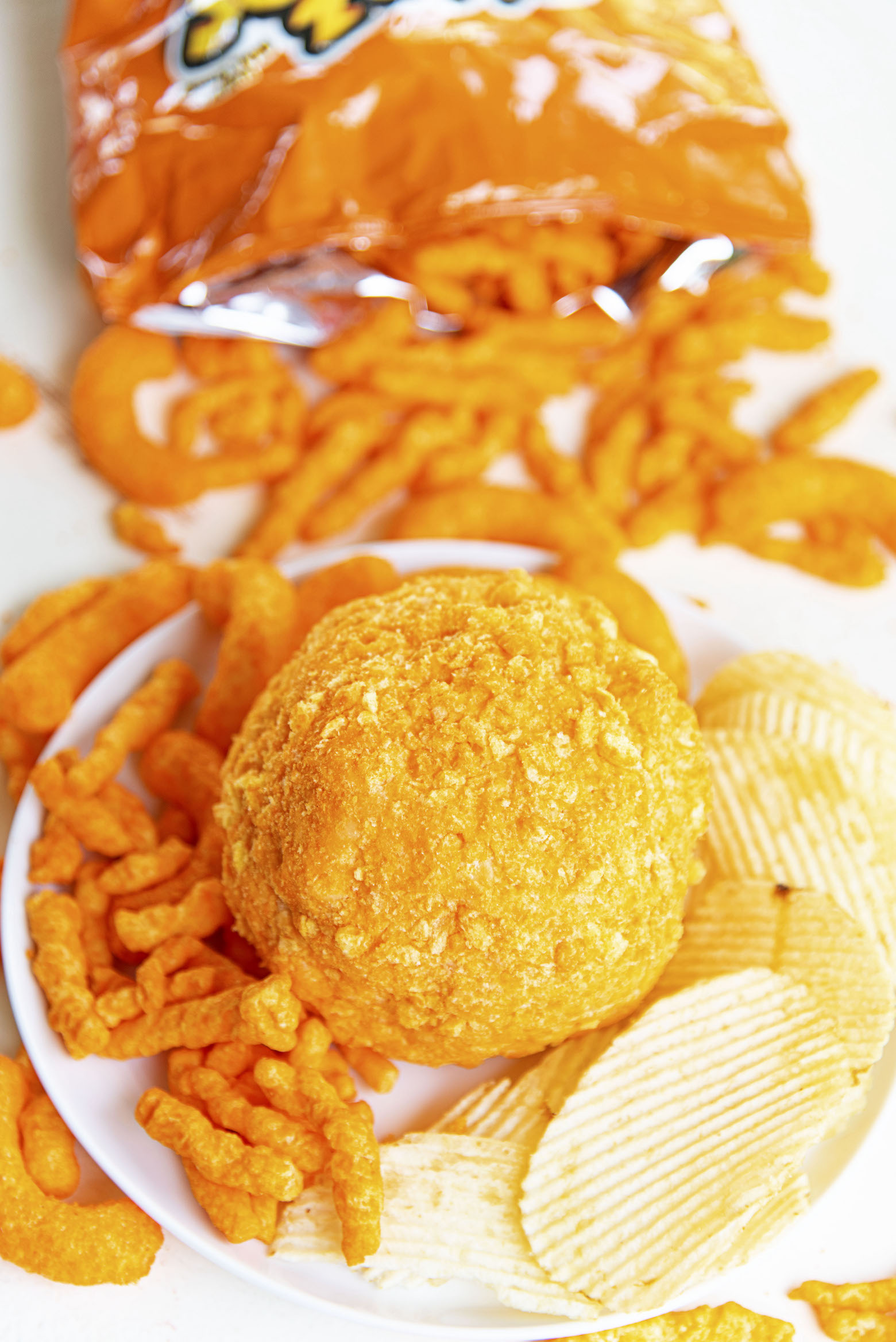 View of whole Cheetos Three Cheese Cheeseball