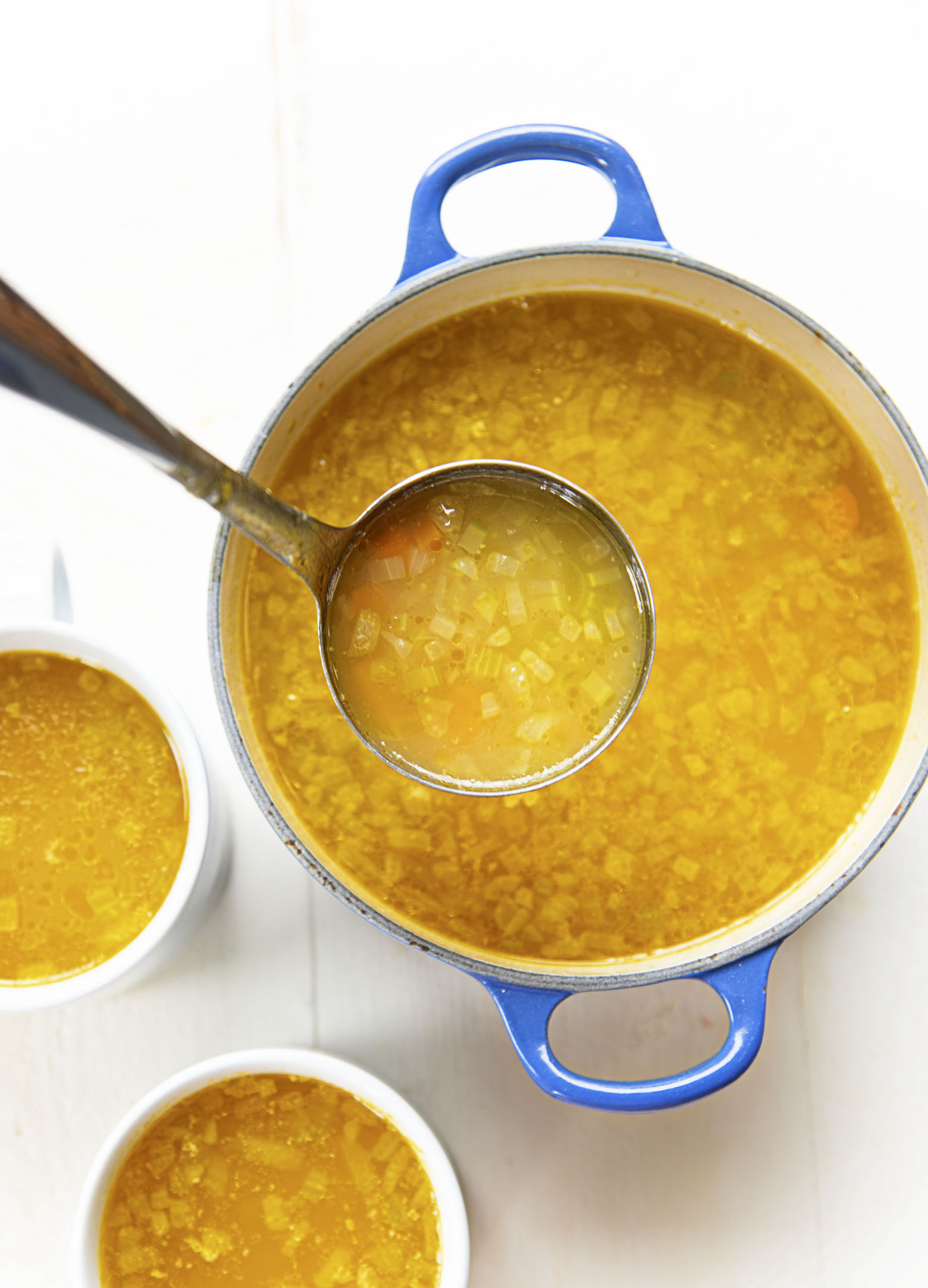 Overhead shot of Chickenless Chicken and Stars Soup