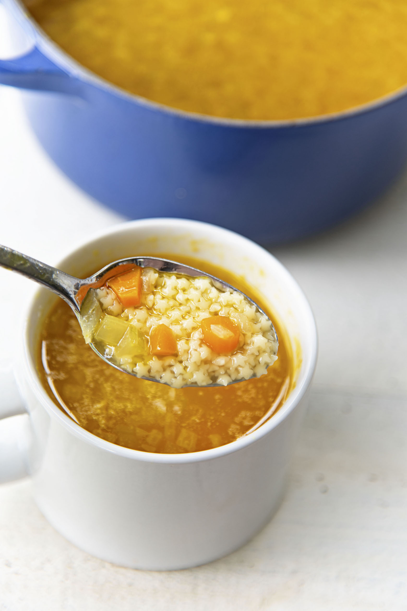 Close up of Chickenless Chicken and Stars Soup