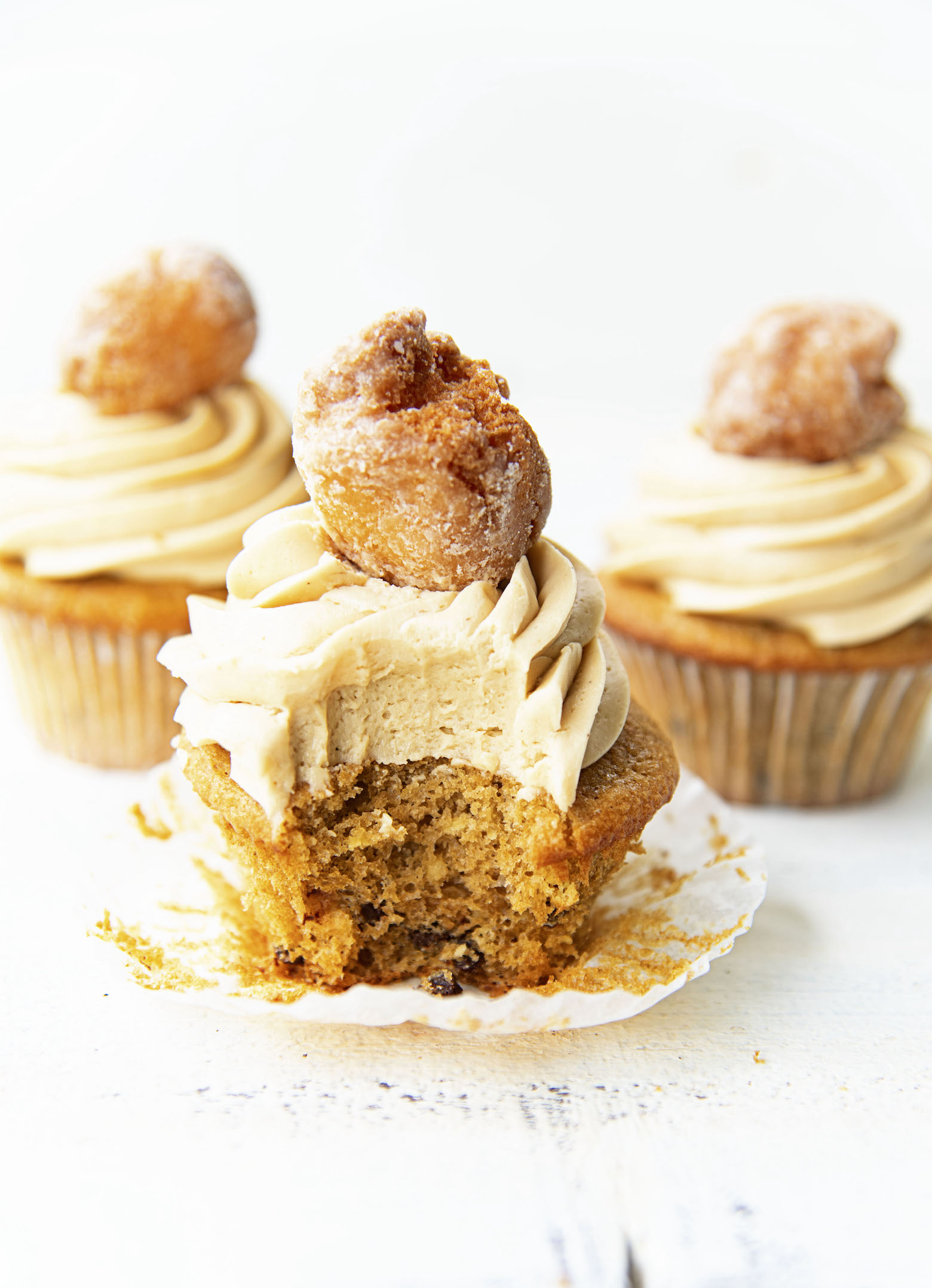 Bite out of Coffee Chocolate Chip and Glazed Donut Cupcakes