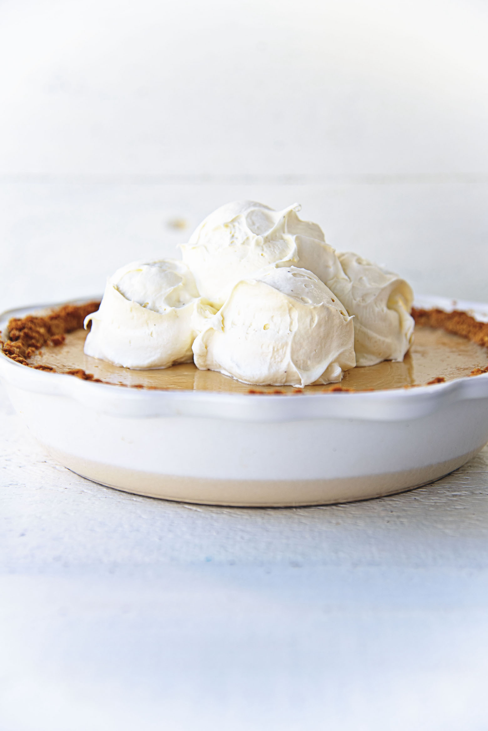 Side view of the pie with scoops of vanilla ice cream whipped cream.