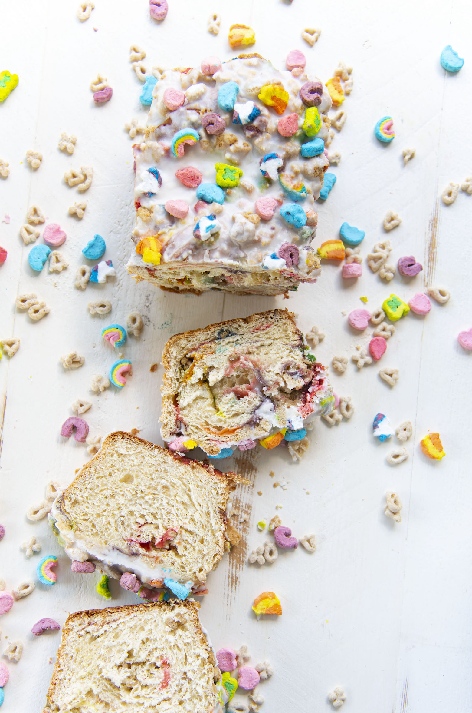 Overhead shot of yeasted cake loaf with scattered marshmallows.