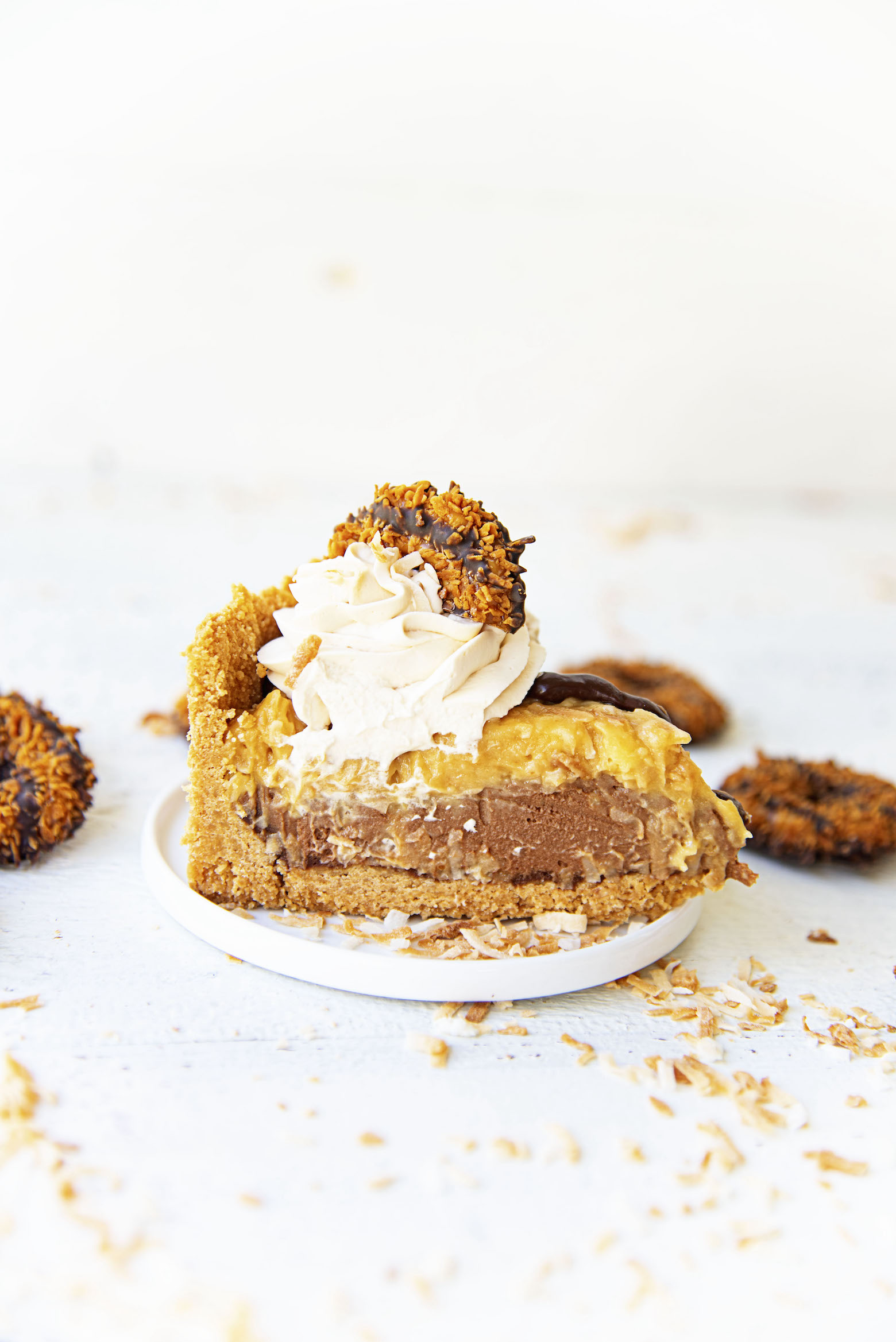 Single slice of the Samoas Chocolate Coconut Cream Pie.