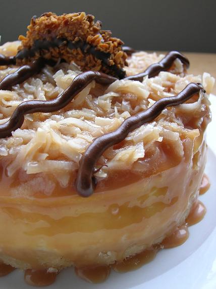 Side view of Samoas Cookie Cheesecake