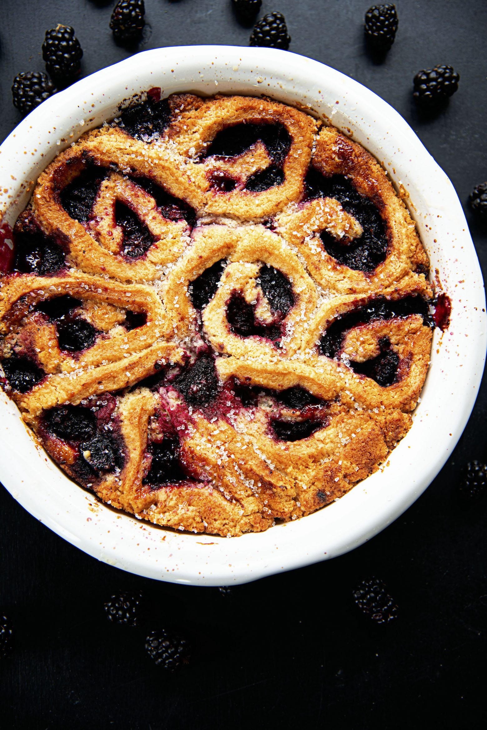 Overhead shot of full Blackberry Lime Curd Biscuit Cobbler 