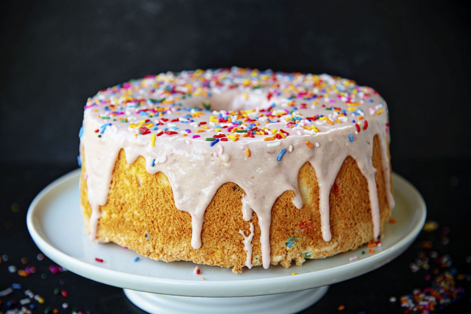 Cake Batter Angel Food Cake with Strawberry Jam Icing