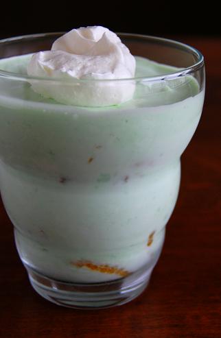 Side view of Lime Green Jello Salad in a glass
