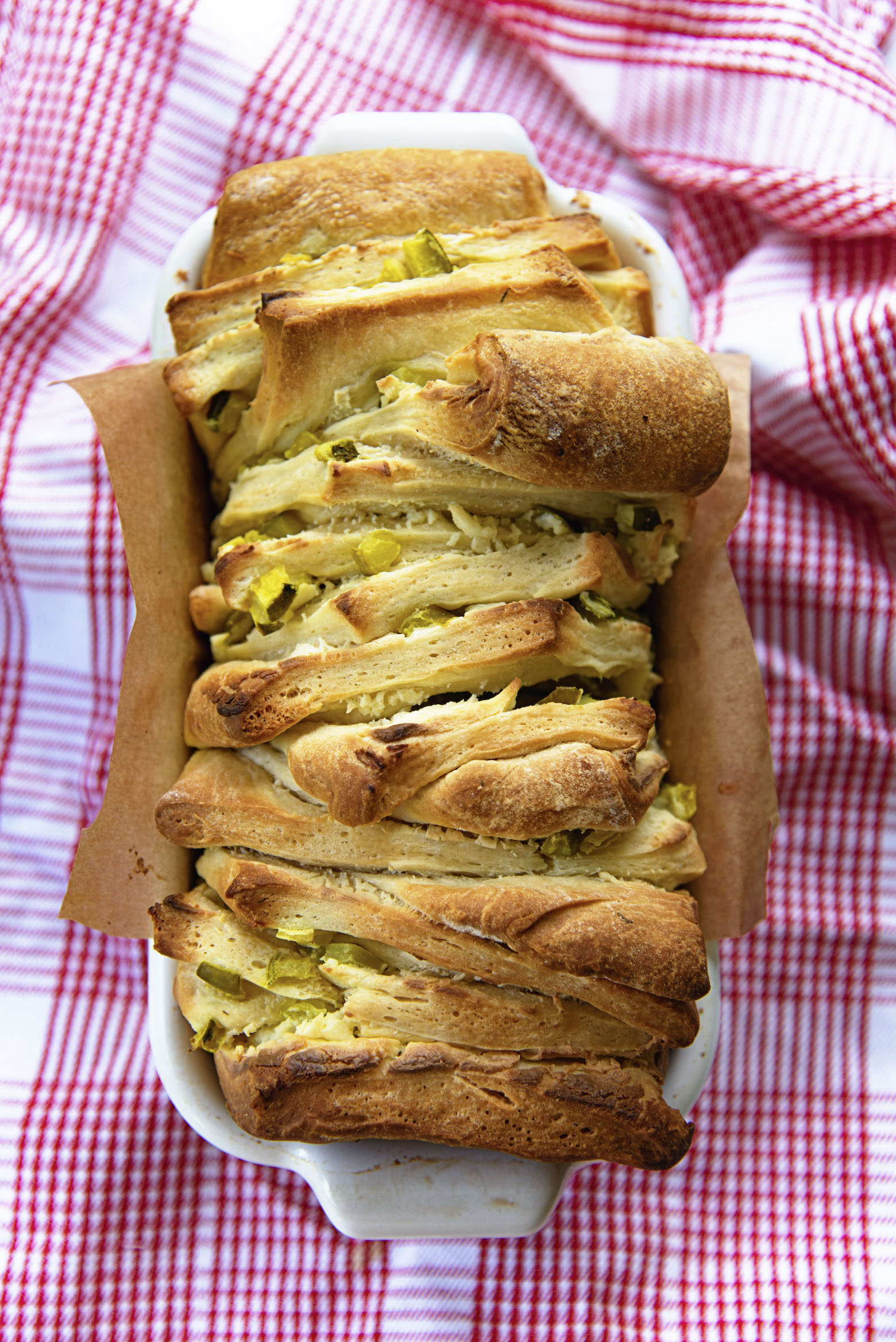 Overhead shot of Dill Pickle Cream Cheese Pull Apart Bread