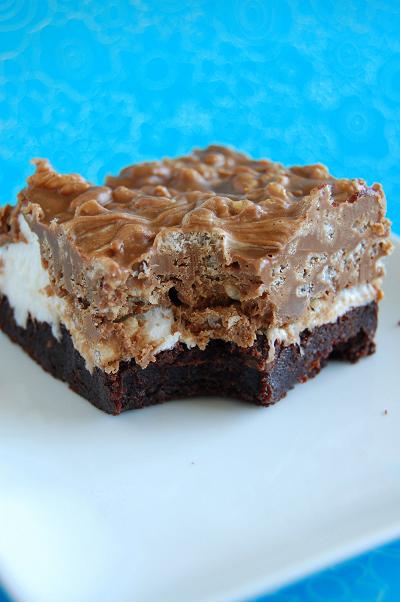 Marshmallow Crunch Brownie Bars with bite taken out.