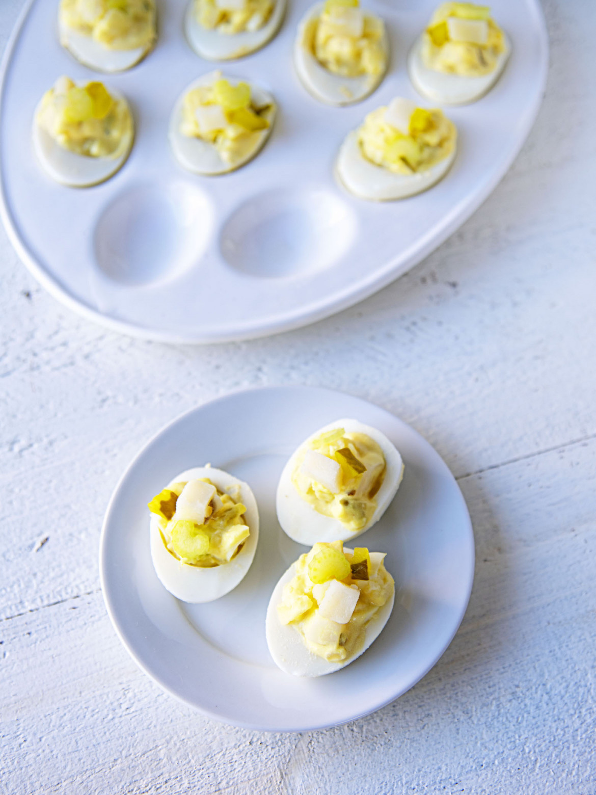 Potato Salad Deviled Eggs with Pickles and Celery