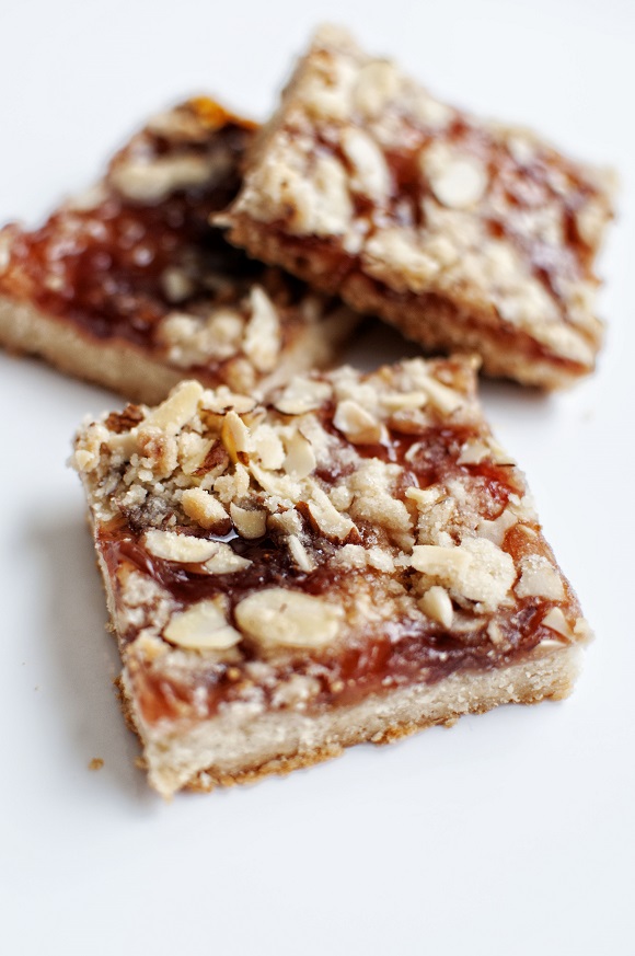 Three cut Strawberry Rhubarb Jam Shortbread Bars