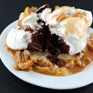 Sugar Crusted Brownie Sundaes with Whiskey-Pecan Caramel Sauce