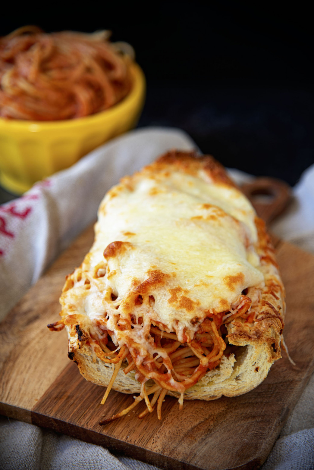 Spaghetti Stuffed Garlic Bread with Italian Cheese Blend