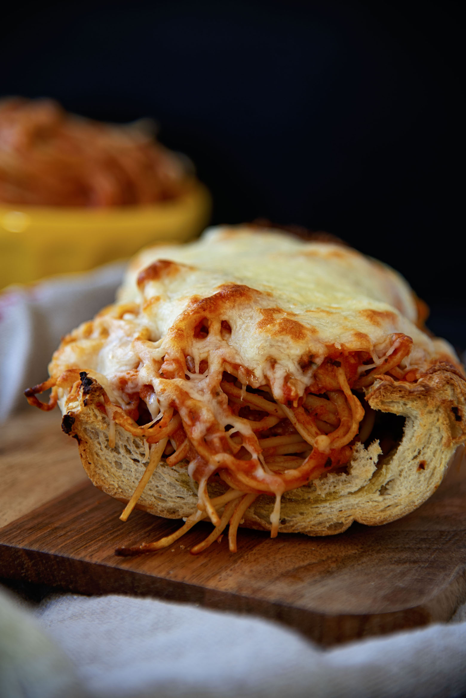 Spaghetti Stuffed Garlic Bread with Italian Cheese Blend
